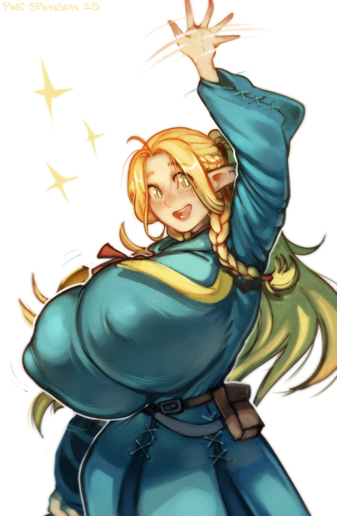 alternate breast size, big breasts, blonde hair, breasts, breasts bigger than head, dungeon meshi, elf, elf girl, female, fully clothed, gigantic breasts, huge breasts, marcille donato, nipples visible through clothing, pwcsponson, simple background, watermark, waving, waving at viewer, white background