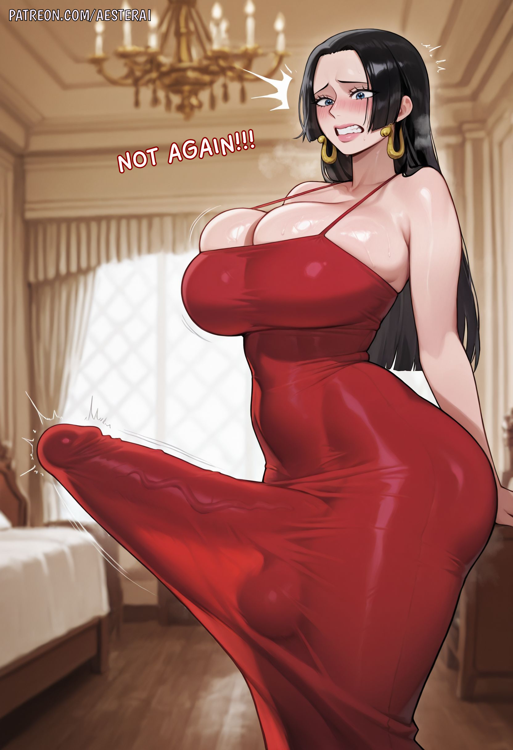 1futa, aesterai, ai generated, bedroom, big breasts, big penis, black hair, blue eyes, blush, boa hancock, breasts, bulge, bulge through clothing, curvy, dress, earrings, embarrassed, erection, erection under clothes, form fitting, futa only, futa sans pussy, futanari, hi res, high resolution, highres, huge breasts, huge cock, long hair, long penis, mature female, mature futa, one piece, penis, penis awe, penis silhouette, red dress, room, spaghetti strap, stretched clothing, thick thighs, throbbing penis, tight clothing, veiny penis, worried