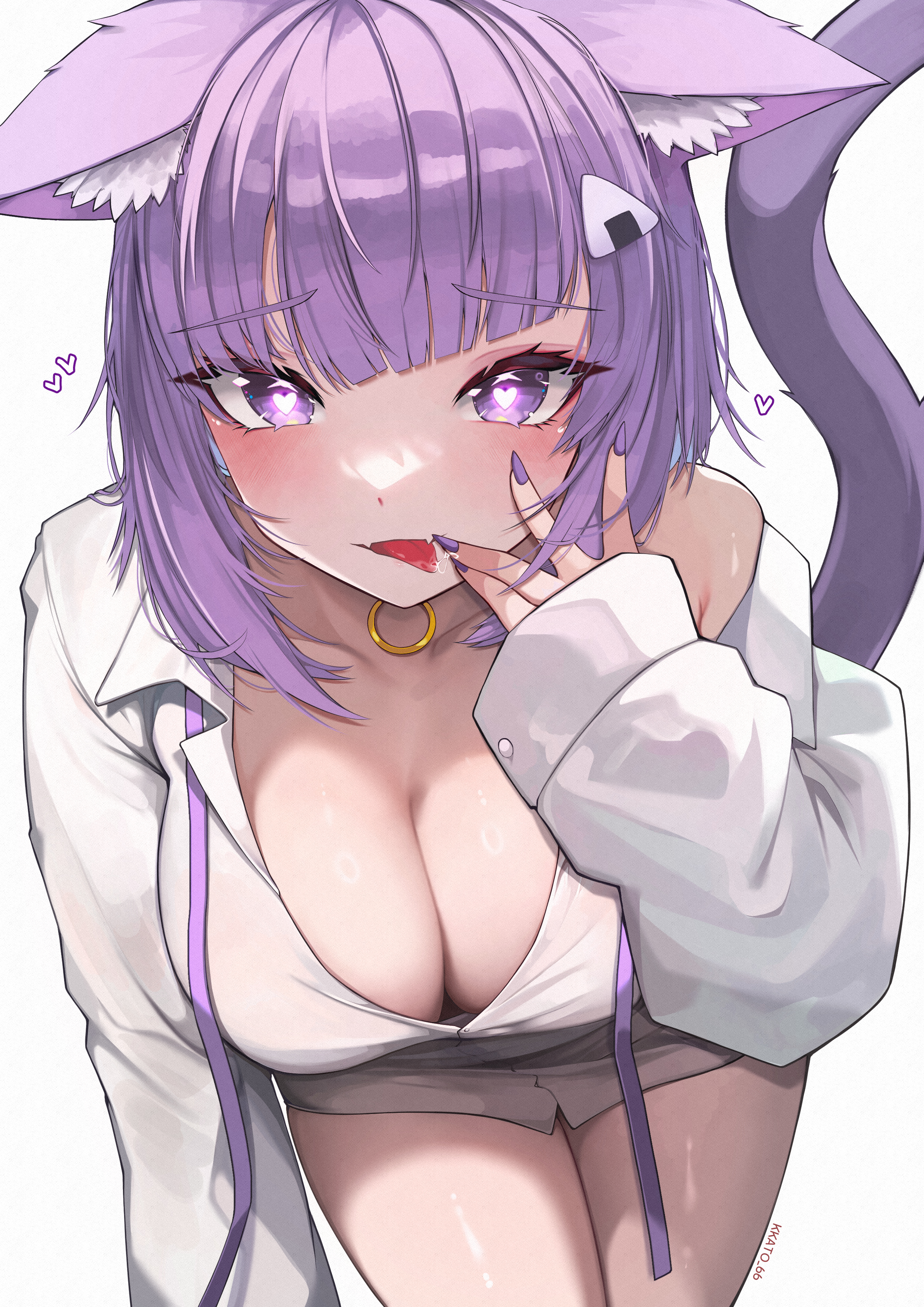 1girls, animal ears, bent over, blush, breasts, cat ears, cat tail, female, female focus, female only, hololive, kkato, large breasts, leaning forward, looking at viewer, loose clothes, nekomata okayu, purple eyes, purple hair, saliva, shirt, short hair, smile, thighs, tongue out, virtual youtuber