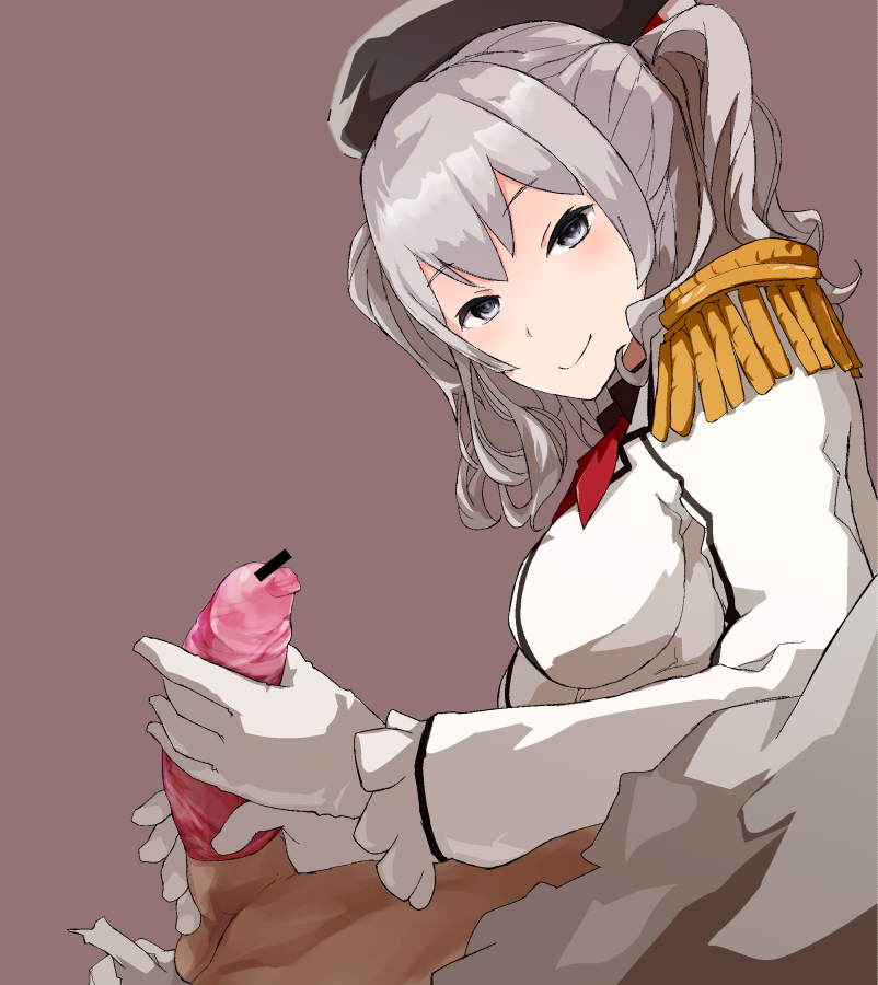 condom condom_on_penis epaulettes gloves grey_eyes grey_hair handjob kantai_collection kashima_(kantai_collection) penis tied_hair twintails wavy_hair yamaioni_(sasakama)