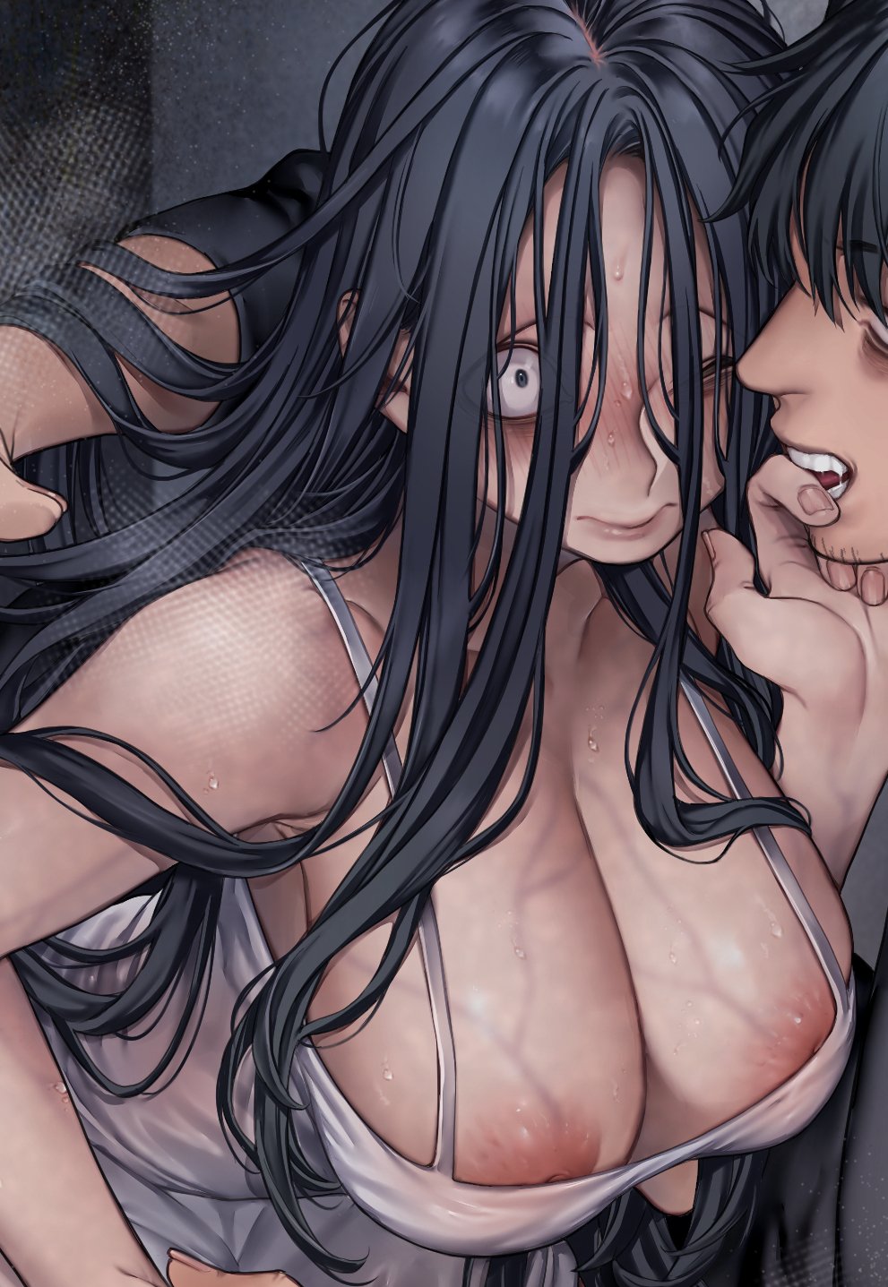 1boy 1girls areola_slip areolae big_breasts biting_finger black_hair blush cleavage close-up eyebags female female_focus ghost_girl hair_between_eyes hair_over_eyes huge_breasts lady_k lady_k_and_the_sick_man long_hair male original rororogi_mogera sweat the_sick_man tired_eyes veiny_breasts very_long_hair white_dress wide_eyed yuushi_totsumoto