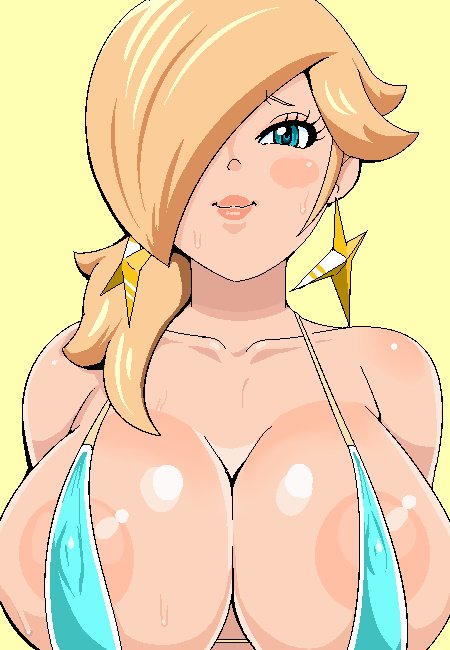 1girls areola_slip areolae big_areola big_nipples bikini bimbo blonde_hair blue_bikini blue_eyes blush breasts busty cleavage earrings female female_only grey_impact hair_over_one_eye jewelry lips looking_at_viewer mario_(series) micro_bikini milf nintendo nipples oekaki ponytail princess_rosalina simple_background smile solo sweat swimsuit tied_hair yellow_background