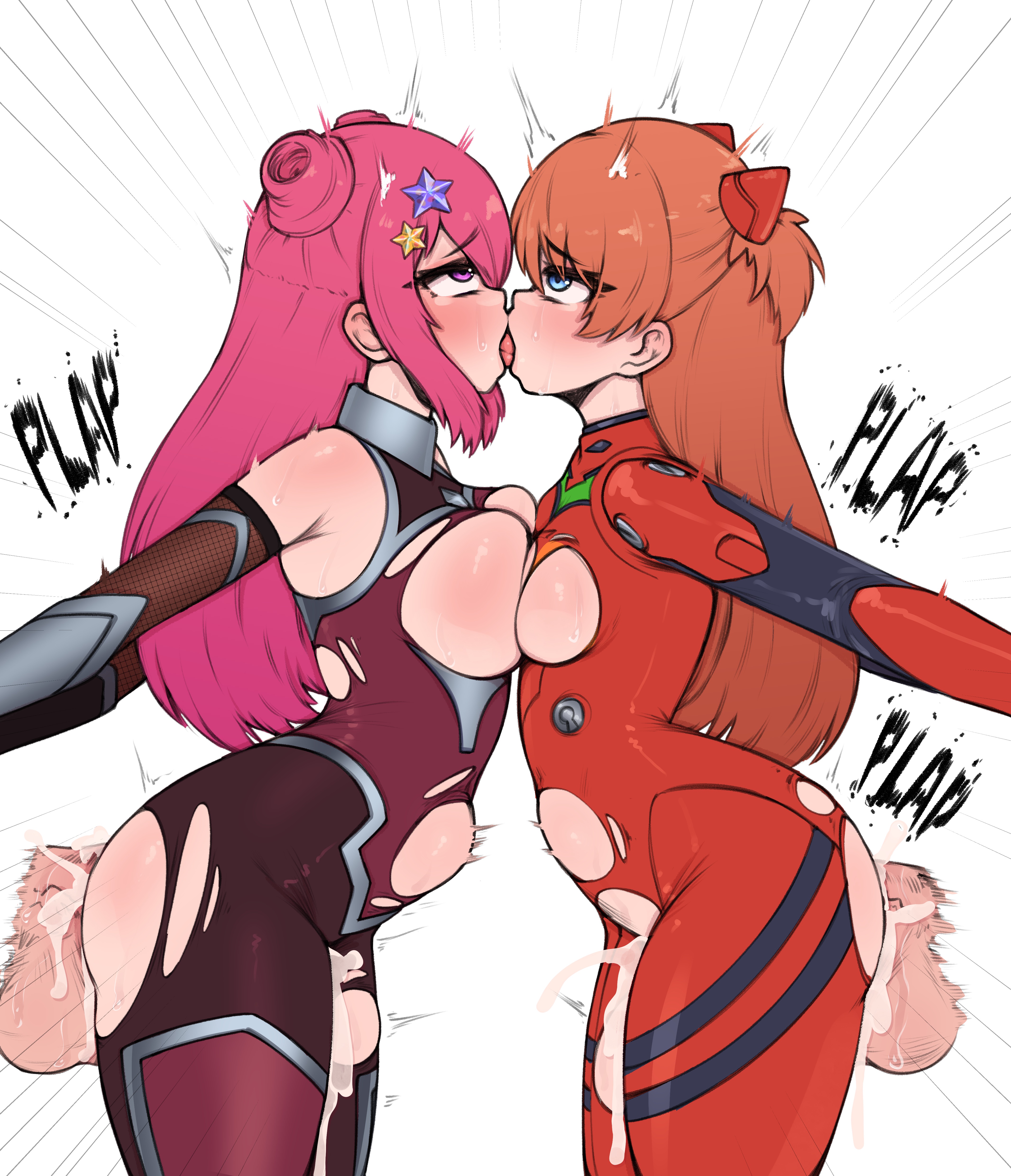 2boys, 2girls, arms behind back, asuka langley sohryu, bisexual female, blue eyes, bodysuit, breast press, breasts out, brown hair, clothed sex, cum, cum in pussy, cum inside, cum overflow, eyes rolling back, femsub, forced kiss, fucked senseless, hair ornament, human, human female, iroha asobe, kissing, kissing while penetrated, light-skinned female, magicami, magicami dx, medium breasts, multiple boys, multiple girls, neon genesis evangelion, pink hair, plap, plugsuit, prison guard position, rape, ripped bodysuit, sex, sex from behind, small breasts, standing sex, stomach bulge, taimanin (series), taimanin suit, thrusting, tongue kiss, torn bodysuit, torn clothes, vaginal penetration, whomperfruit