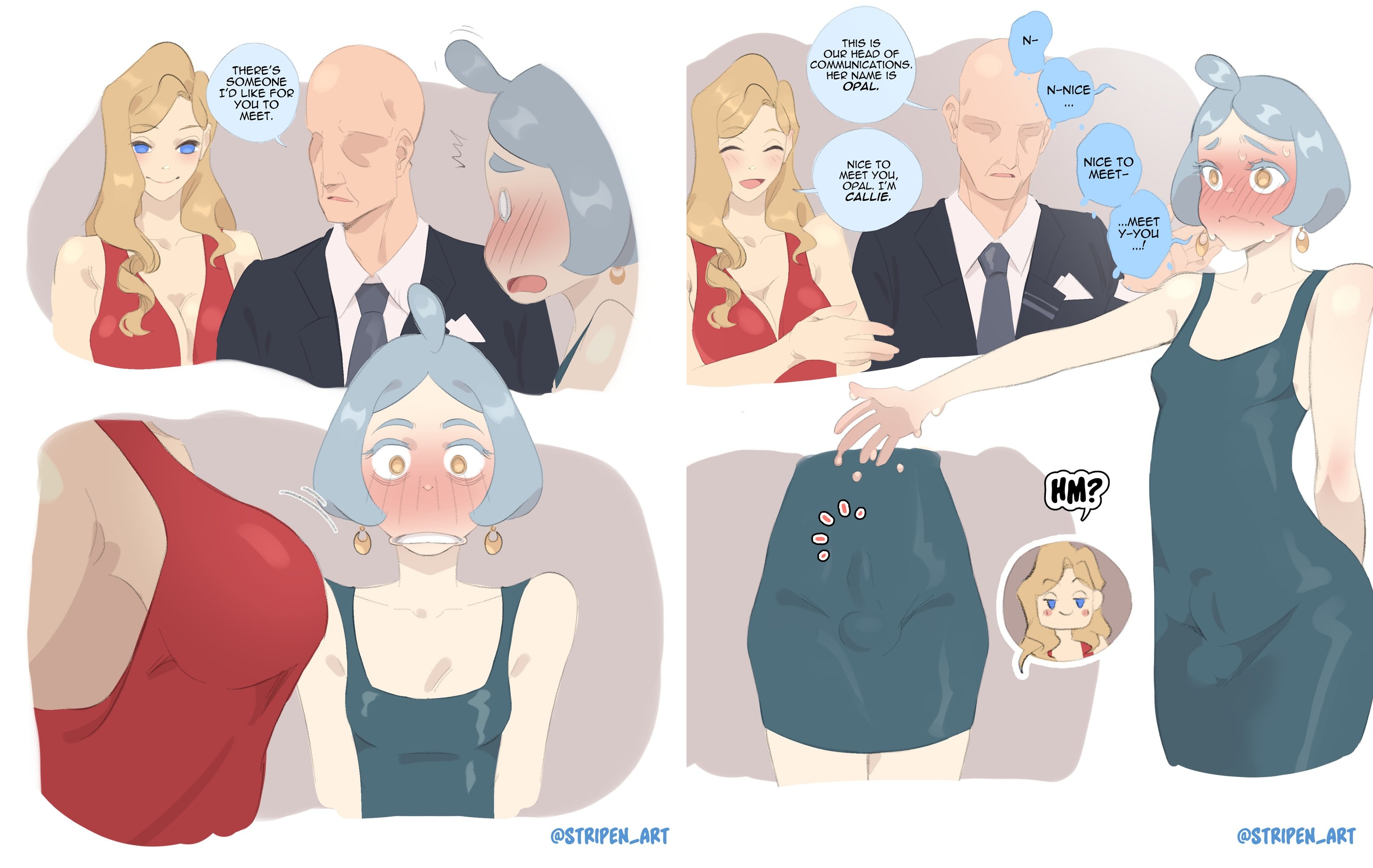 blonde hair, blue eyes, blush, brown hair, bulge, crossdressing, dress, female, femboy, flustered, grey hair, male, orange eyes, penis, penis visible through clothing, stripenart, tight clothing
