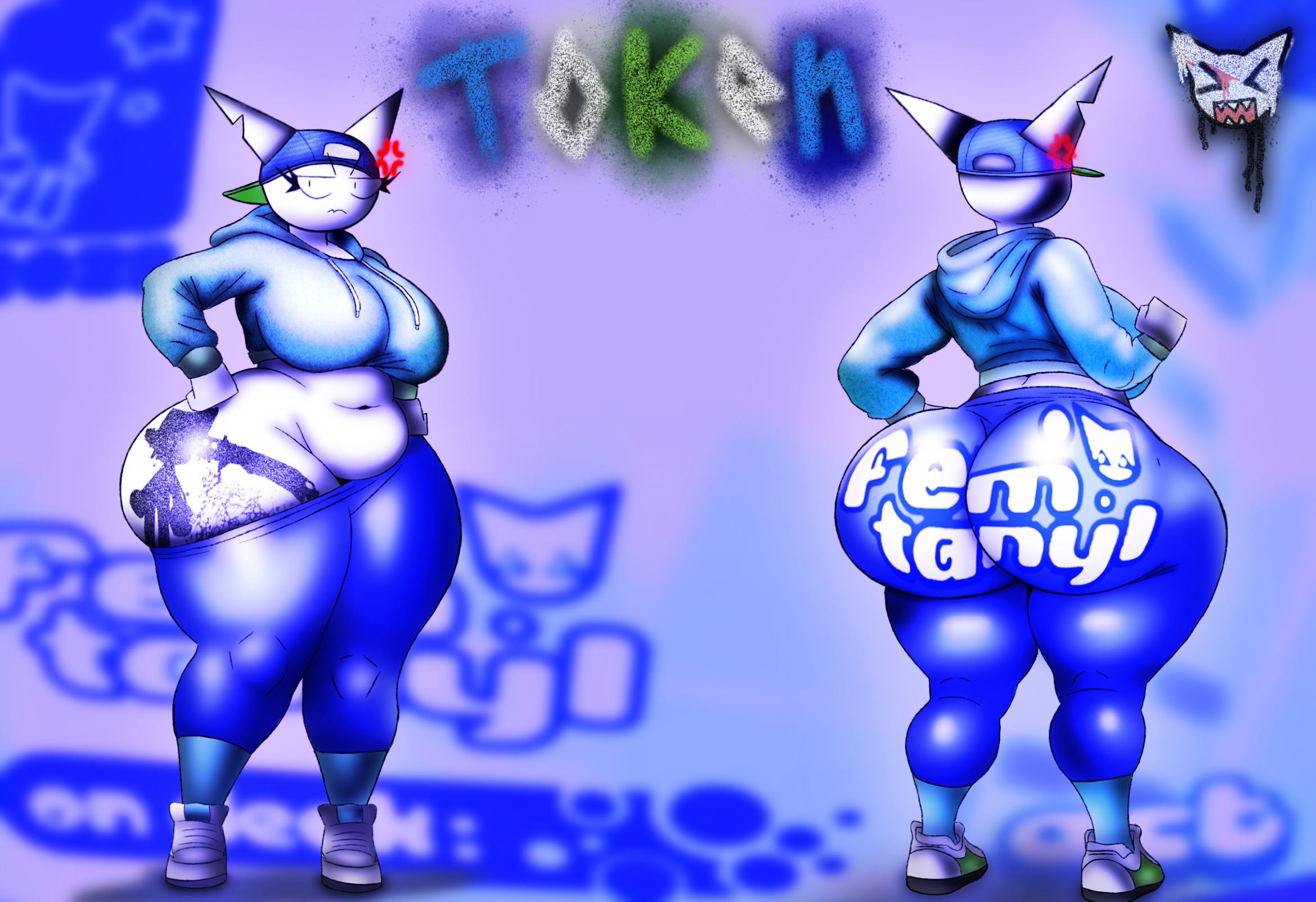 2026, angry, angry expression, ass, back view, background, branded, breasts, chubby, chubby female, color, easy access, feline, female, femtanyl, hands on hips, hat, hi res, hoodie, huge ass, looking at viewer, napstasoul, no panties, pants pull, pants pulled down, shoes, streetwear, sweatpants, tagme, tattoo, token (femtanyl)