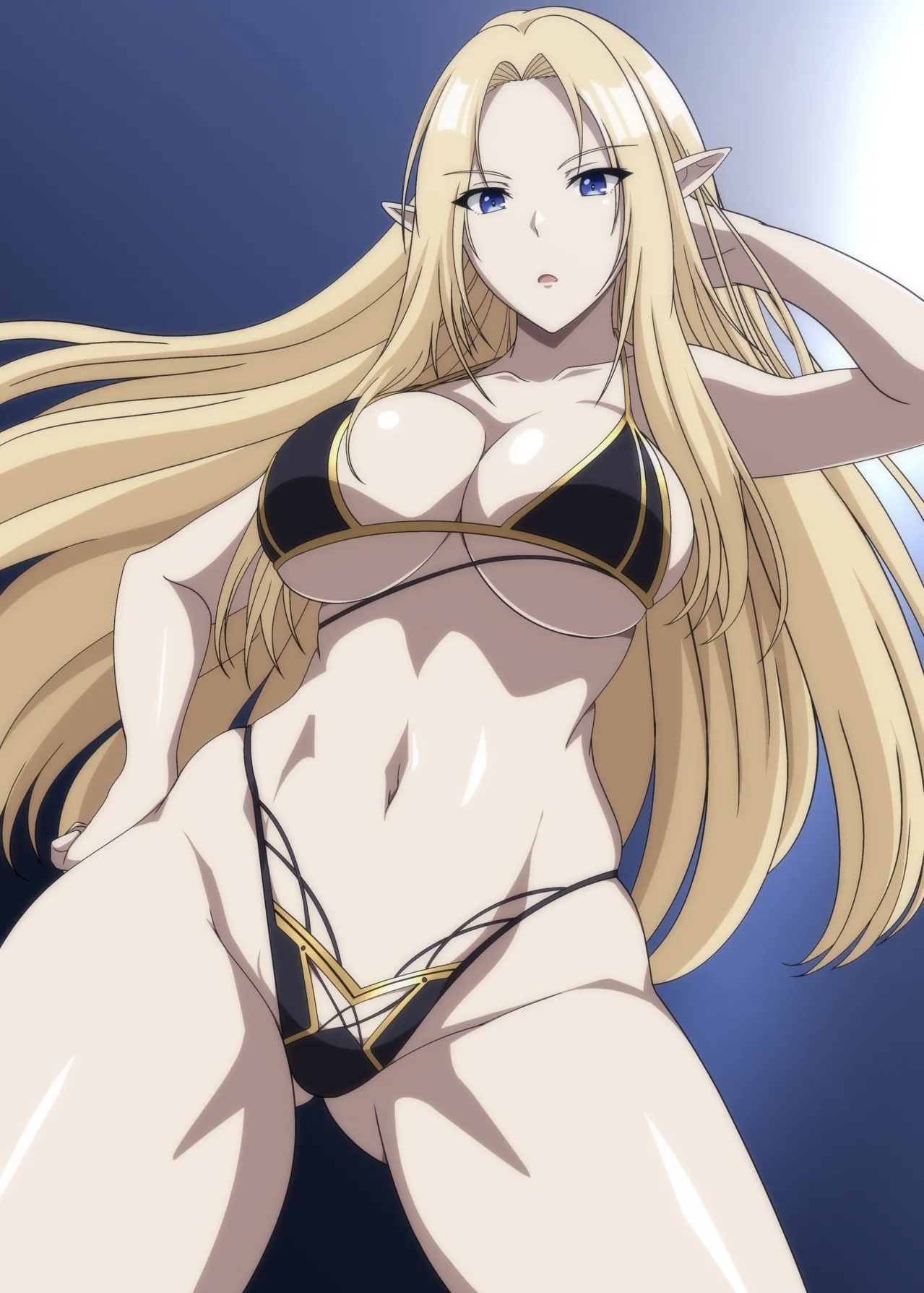 1girls, alpha (the eminence in shadow), ass visible through thighs, bikini, blonde hair, blue background, blue eyes, breasts, cleavage, elf, elf female, female focus, female only, hand behind head, hand on hip, kage no jitsuryokusha ni naritakute!, large breasts, long hair, looking at viewer, makiri akira, open mouth, pointy ears, simple background, solo, solo female, swimsuit, the eminence in shadow