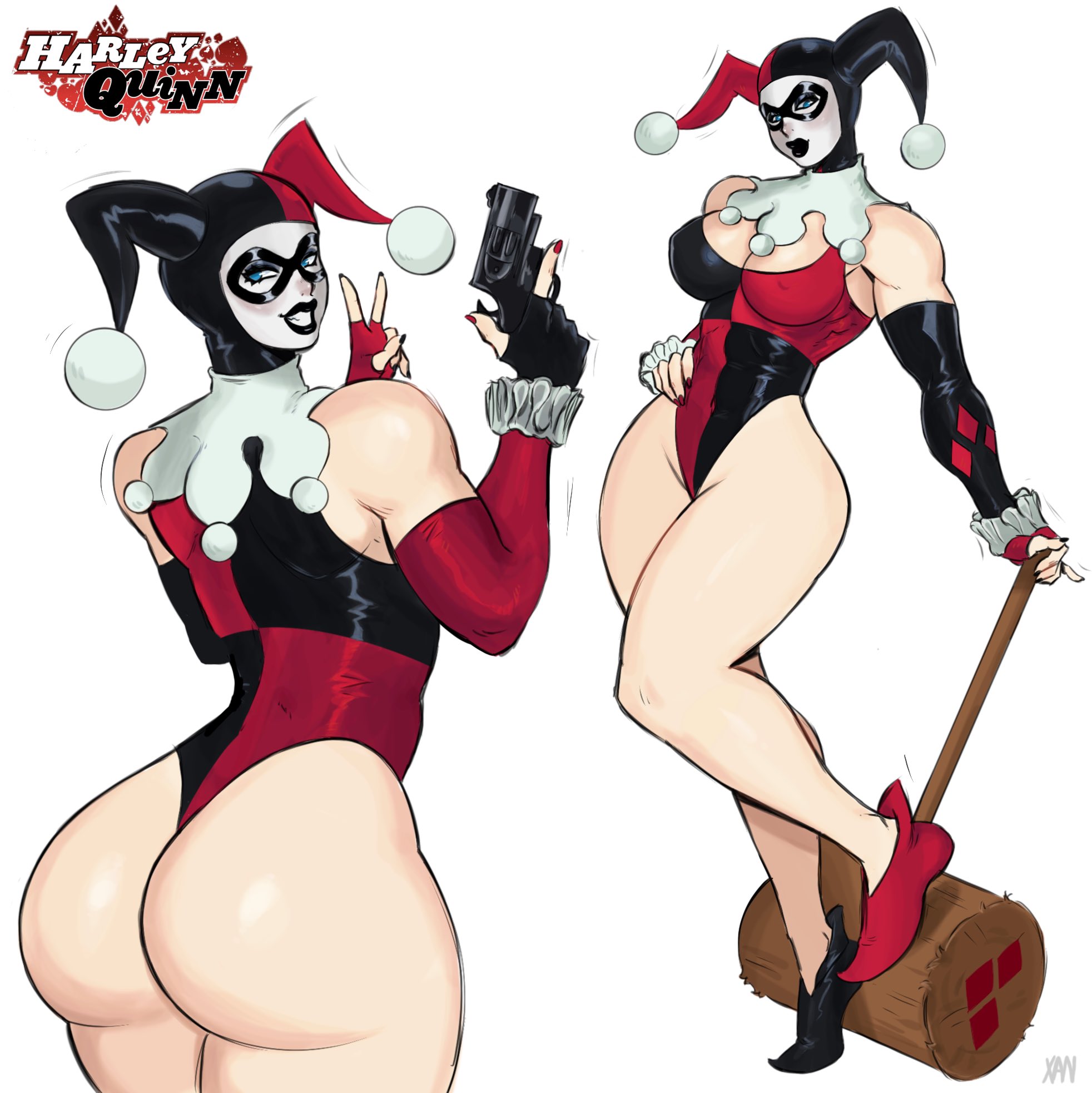 1girls, ass, batman (series), big ass, big breasts, black lipstick, blue eyes, breasts, cleavage, commission, dc comics, domino mask, elbow gloves, facepaint, female, female only, fingerless gloves, gloves, hammer, hand on hip, harleen quinzel, harley quinn, harley quinn (classic), headwear, hips, holding, holding object, holding weapon, hourglass figure, jeste, jester, jester cap, jester costume, jester girl, jester hat, jester outfit, large ass, large breasts, leotard, lipstick, looking over shoulder, makeup, mask, masked, masked female, motion lines, nipple bulge, peace sign, pinup, red nails, simple background, solo, solo female, thick ass, thick thighs, thighs, weapon, white background, white face, white facepaint, wide hips, xanman art