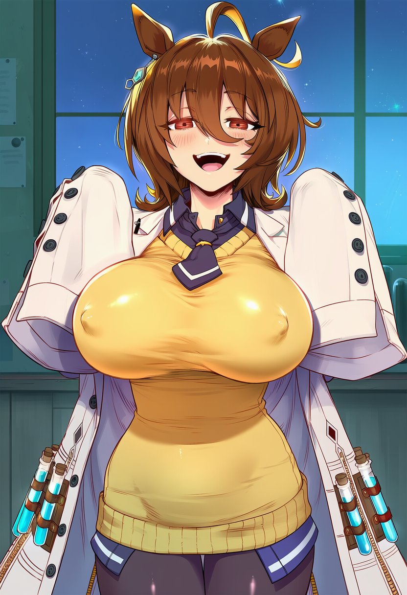 :d, 1girls, agnes tachyon (umamusume), ahoge, ai generated, animal ears, big breasts, black legwear, blush, breasts, brown eyes, brown hair, covered nipples, cowboy shot, eyebrows visible through hair, hair between eyes, horse ears, horse girl, huge breasts, indoors, large breasts, light-skinned female, looking at viewer, open mouth, pantyhose, short hair, sleeves past wrists, smile, solo, tail, umamusume, white coat, yuri vixenai