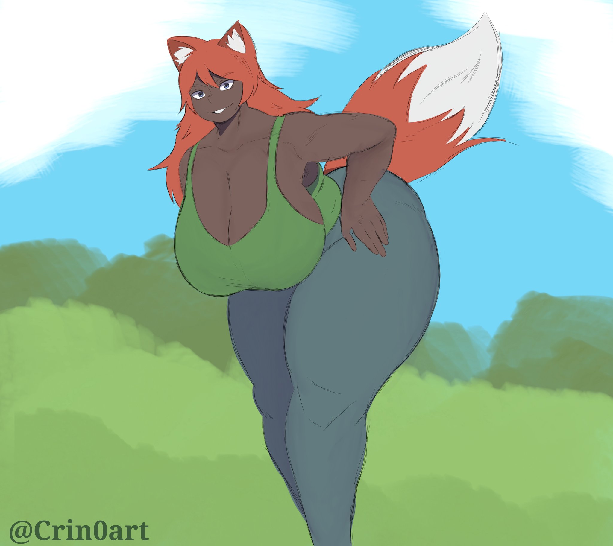 child bearing hips, cleavage, crin0art, dark skin, female, huge ass, huge breasts, jeans, smug, terraria, thick thighs, zoologist (terraria)