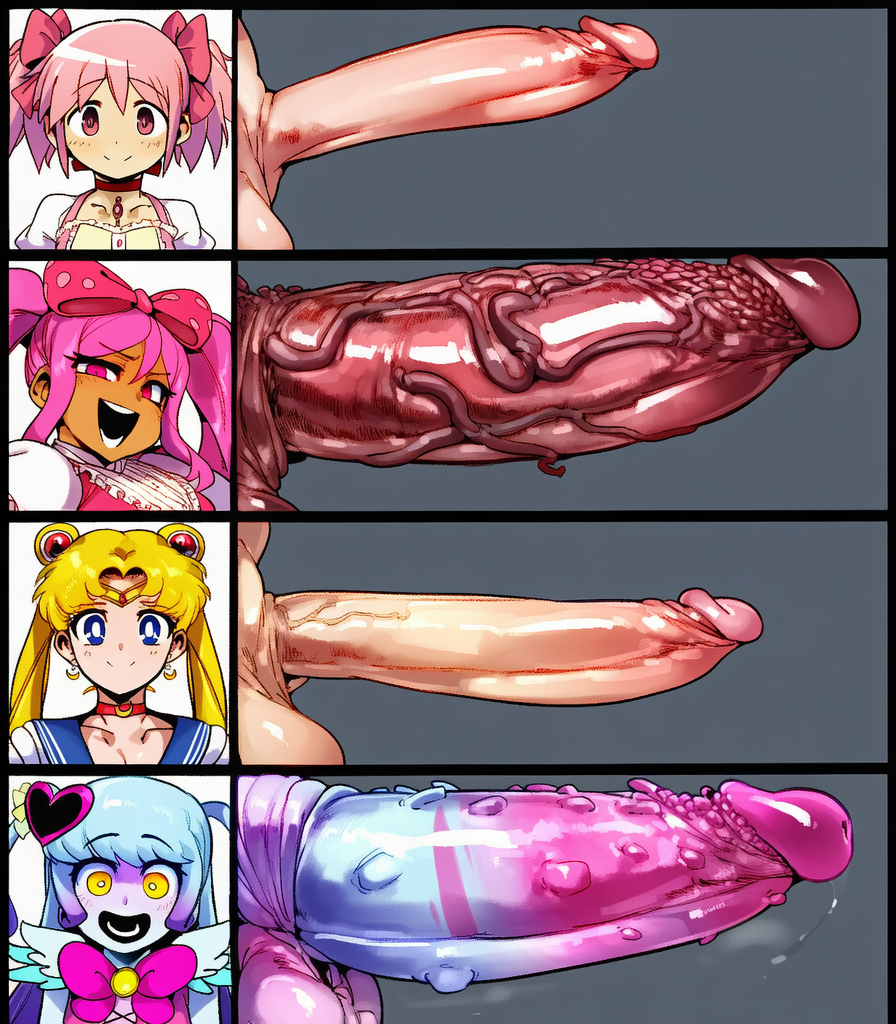 ai generated, artist request, bishoujo senshi sailor moon, bumpy penis, cock chart, futa only, futanari, large penis, lobotomy corporation, madoka kaname, mahou shoujo madoka magica, novelai, omori, penis chart, penis size chart, penis size difference, project moon, queen of hatred, sailor moon, size comparison, size difference, sketch, sweetheart (omori), usagi tsukino, veiny penis
