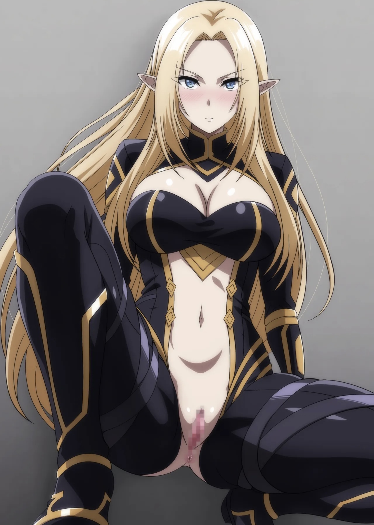 1girls, alpha (the eminence in shadow), anus, ass, blonde hair, blue eyes, blush, breasts, censored, cleavage, elf, elf female, female focus, female only, full body, kage no jitsuryokusha ni naritakute!, large breasts, long hair, looking at viewer, makiri akira, mosaic censoring, navel, pointy ears, pussy, serious, simple background, solo, solo female, squatting, the eminence in shadow