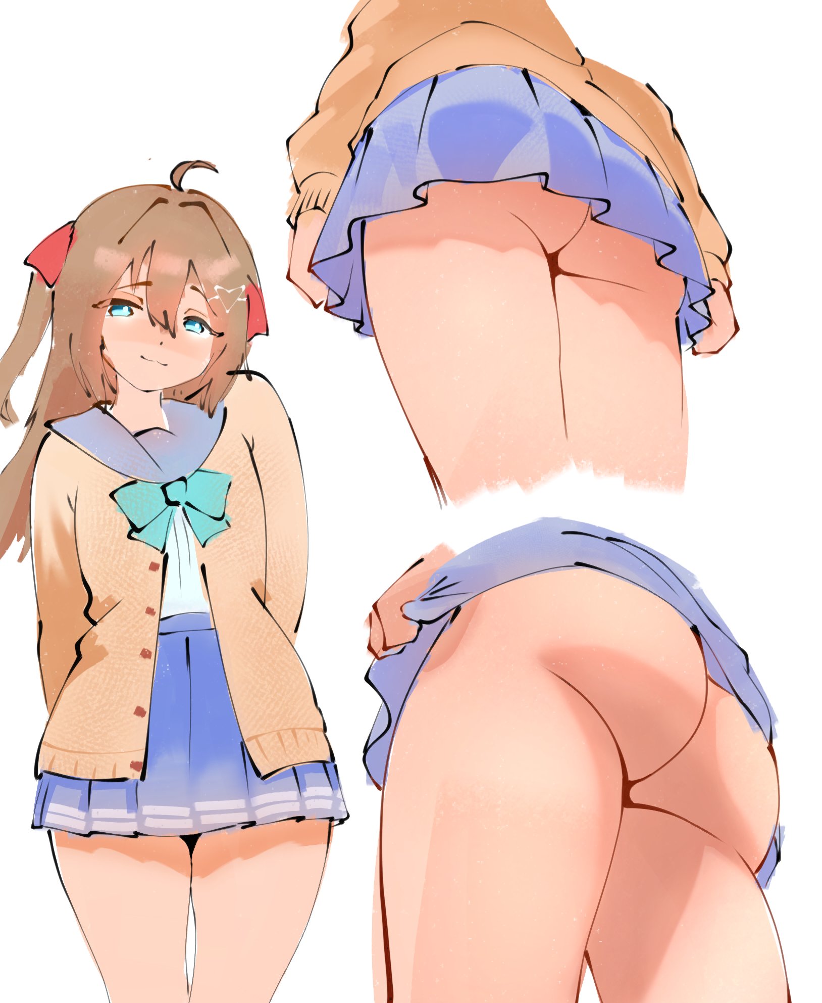 ass, ass focus, blue eyes, brown hair, heart hair ornament, indie virtual youtuber, manuh, neuro-sama, no panties, skirt lift, upskirt, virtual youtuber, vtuber