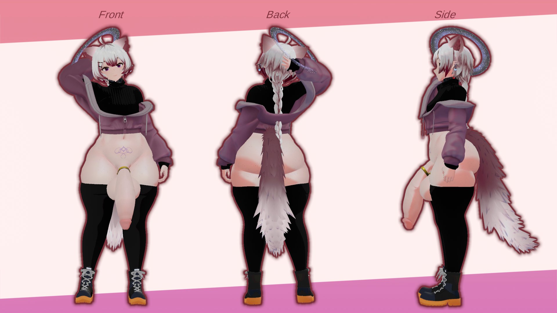 1boy, 3d, balls, cat ears, cat tail, character sheet, english text, femboy, huge balls, huge cock, hung trap, light skin, light-skinned male, male, male only, penis, penis out, solo, starry (starrygts), starrygts, testicles, text, trap, white hair