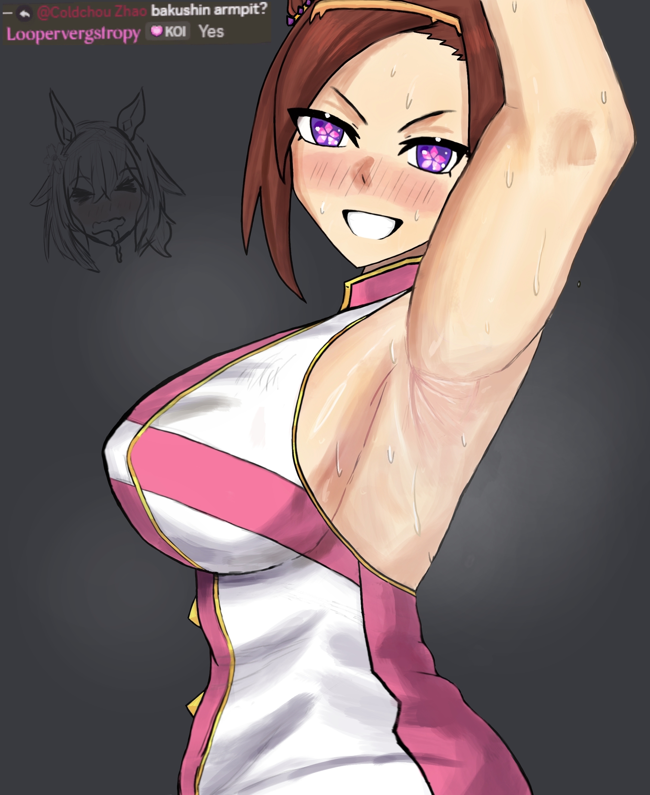 2girls, animal ears, armpit fetish, armpits, arms up, blush, brown hair, female, female only, horse girl, looking at viewer, one arm up, purple eyes, sakura bakushin o (umamusume), sakura chiyono o (umamusume), sideboob, umamusume, umamusume pretty derby