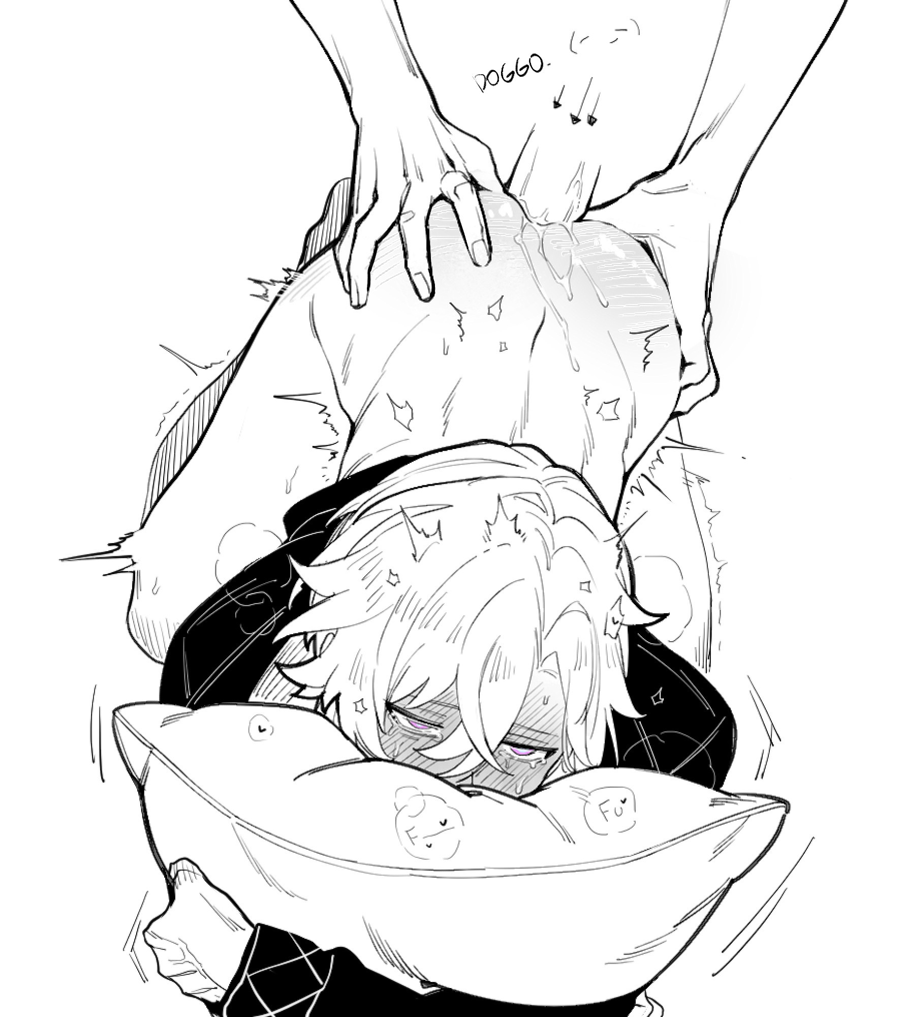 2boys, aventurine (honkai: star rail), doggy style, dr. ratio (honkai: star rail), from behind, gay, half-closed eyes, half-dressed, holding pillow, honkai (series), honkai: star rail, male only, male/male, monochrome, penetration, tears, yaoi