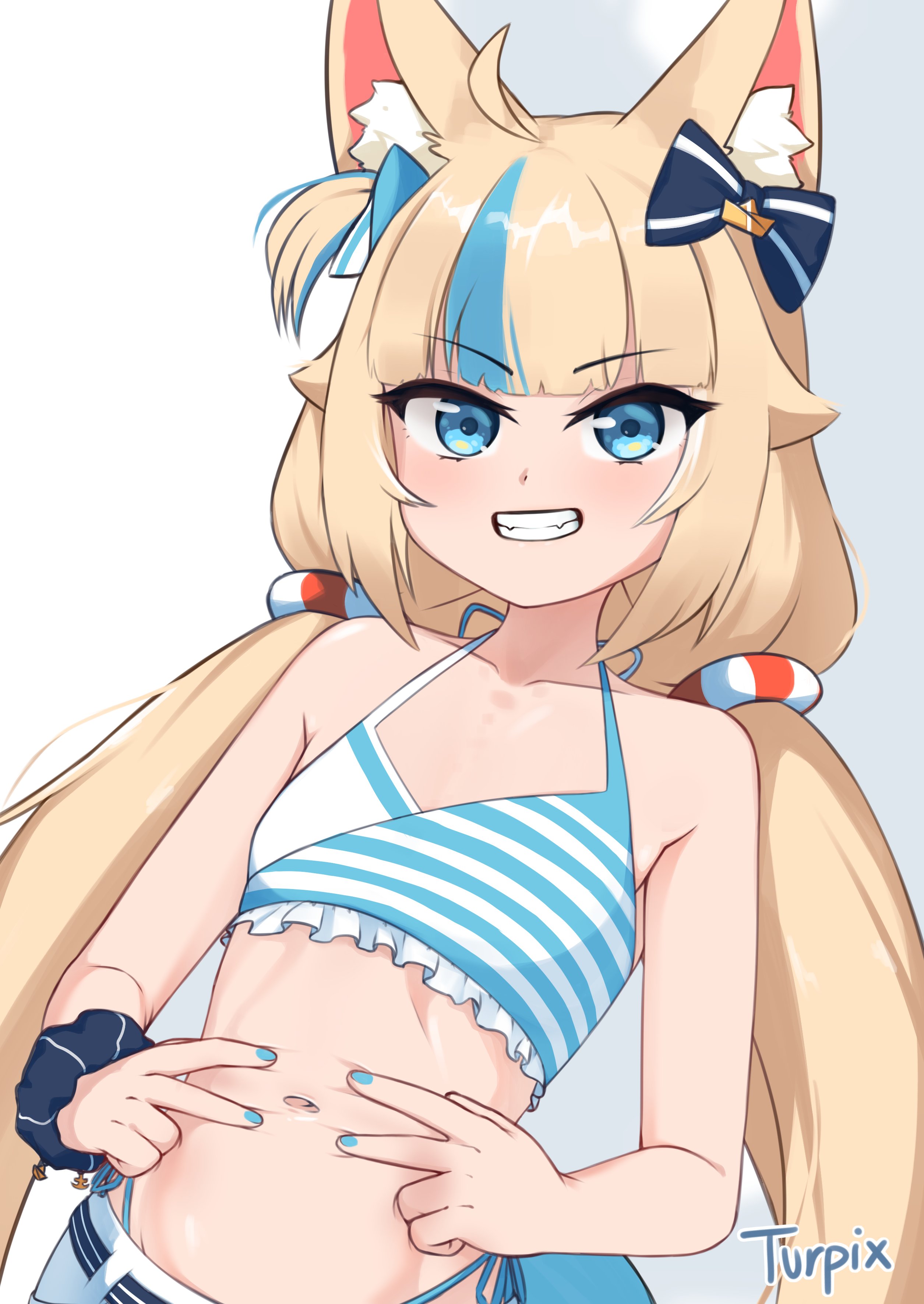 1girls, 2d, belly, belly button, belly button stretch, blonde hair, blue eyes, blue nail polish, bra, catgirl, navel, navel fetish, navel spread, navel stretch, non-nude, sameko saba, tummy, turpix, virtual youtuber