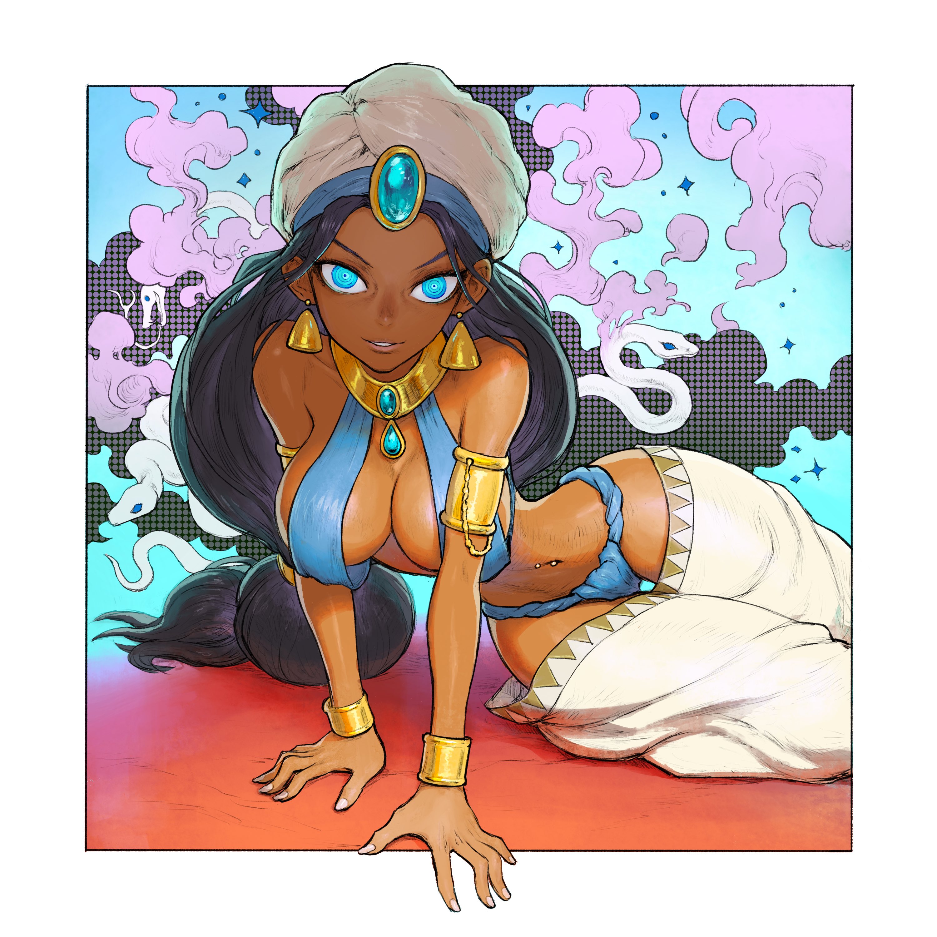 1girls, arabian, arabian clothes, belly dancer, black hair, blue eyes, bocas top, cleavage, dark-skinned female, datinsl, dattosan, ddaatt33, female, female only, fundoshi, harem girl, harem outfit, harem pants, large breasts, looking at viewer, original, original character, staring, staring at viewer, thong, thong panties, turban, voluptuous, white frame