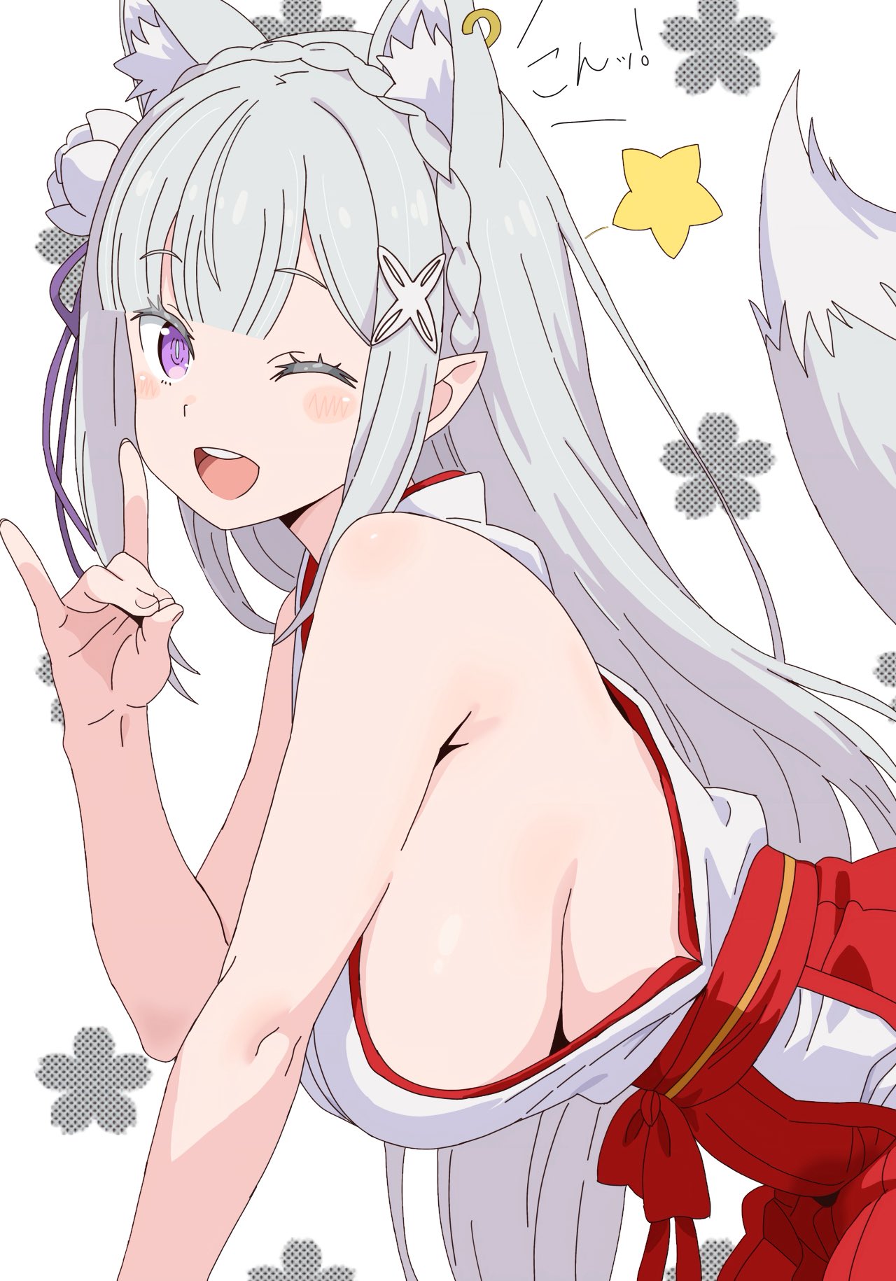 1girls, breasts, elf, elf ears, elf female, emilia (re:zero), female focus, fox ears, fox girl, fox tail, japanese clothes, large breasts, looking at viewer, purple eyes, re:zero kara hajimeru isekai seikatsu, shrine maiden, side view, sideboob, silver hair, solo, wink