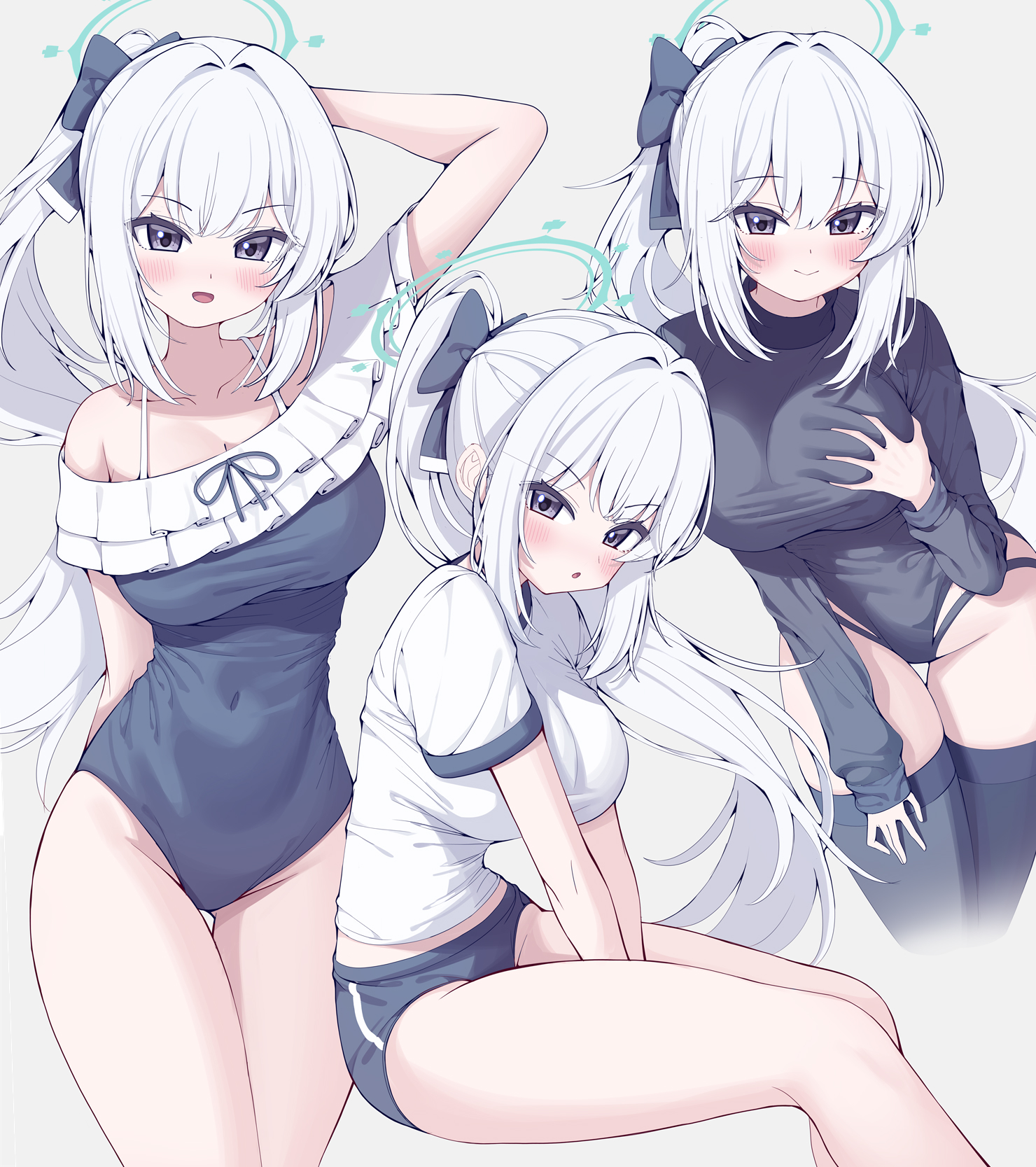 black shirt, black thighhighs, blue archive, blue one-piece swimsuit, blush, bow, breasts, buruma, female, frills, grabbing own breast, gym shirt, gym uniform, hairbow, halo, hand up, highres, large breasts, long hair, metaljelly, miyako (blue archive), miyako (swimsuit) (blue archive), multiple views, one-piece swimsuit, open mouth, purple eyes, shirt, swimsuit, thighhighs, thighs, white background, white hair
