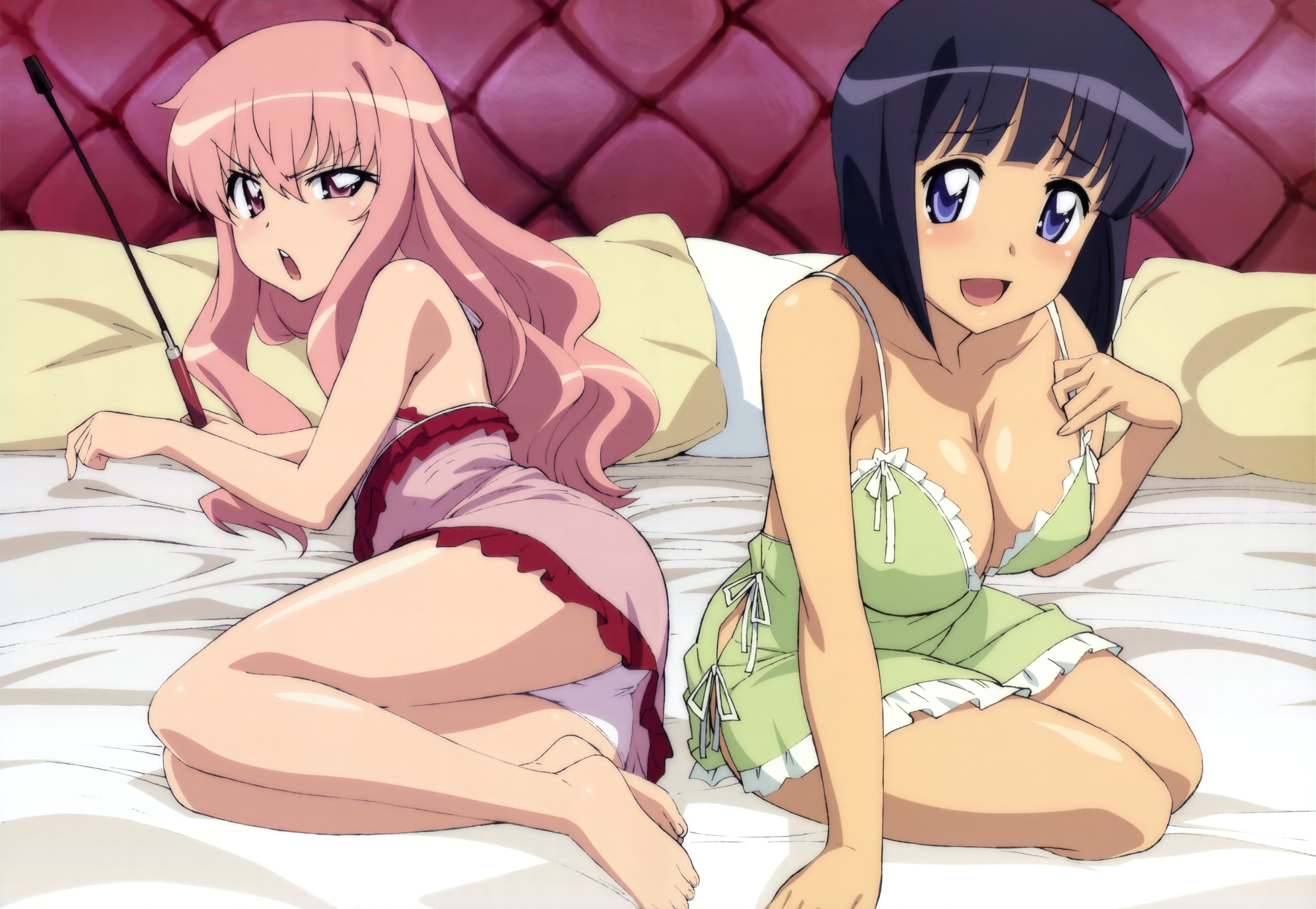 2girls, black hair, cleavage, fujii masahiro, louise francoise le blanc de la valliere, multiple girls, official art, pink hair, siesta (zero no tsukaima), sleepwear, zero no tsukaima