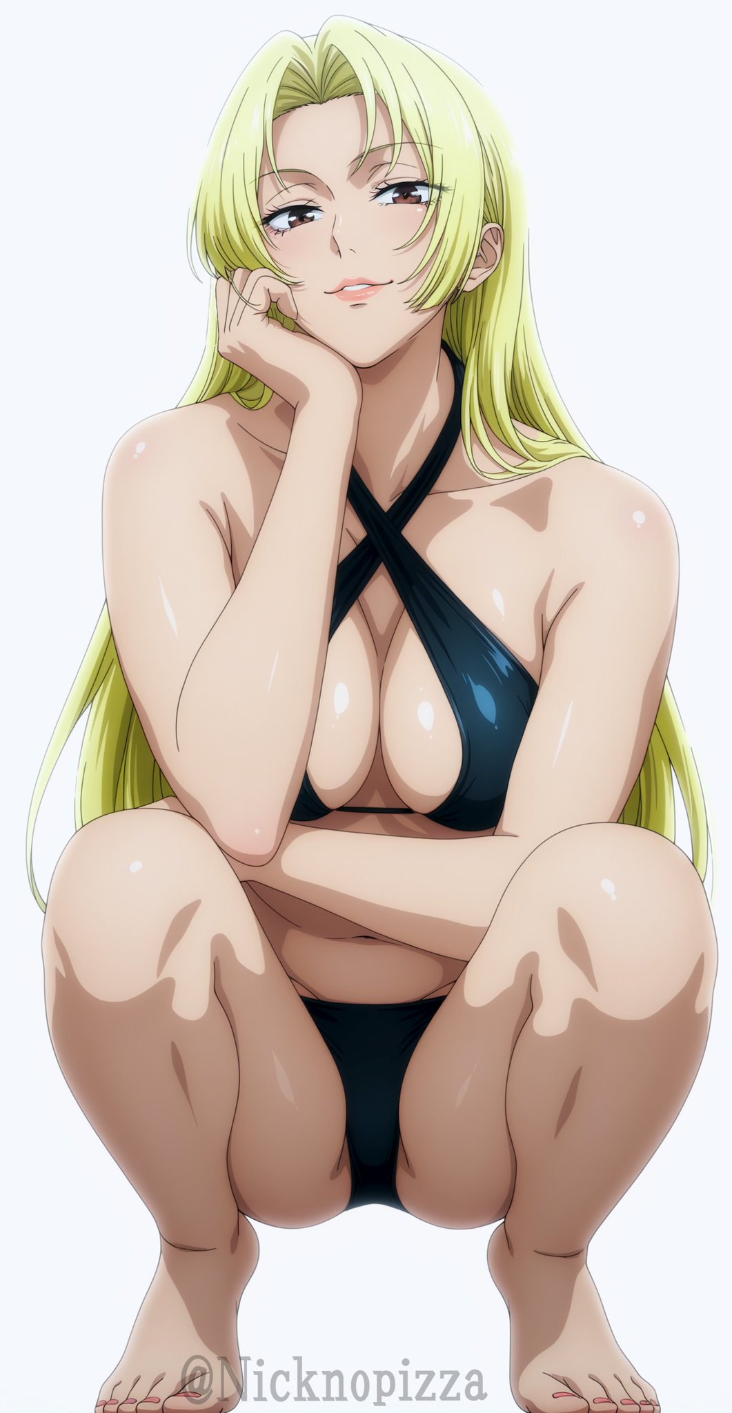 1girls, accurate art style, ai, ai generated, anime style, arm under breasts, barefoot, big breasts, bikini bottom, bikini top, blonde hair, blonde-haired female, brown eyes, busty, cross section, curvaceous, curvy body, curvy female, curvy figure, feet, feet out of frame, female, female focus, female only, flirting, flirting with viewer, forehead, full body, hand on face, hand on own face, head rest, high resolution, jujutsu kaisen, light skin, light-skinned female, lipstick, long hair, makeup, mature, mature female, nicknopizza, parted bangs, parted lips, pinup, plain background, pose, posing, posing for the viewer, revealing swimsuit, seducing, seducing viewer, seduction, seductive, seductive body, seductive eyes, seductive gaze, seductive look, seductive mouth, seductive pose, seductive smile, simple background, skimpy, skimpy bikini, smile, solo, squatting, swimsuit, tiptoes, toenail polish, toes, very long hair, voluptuous, watermark, white background, yuki tsukumo