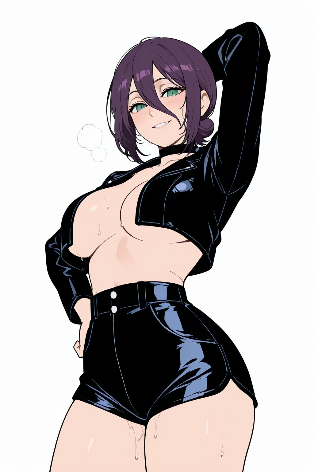 big thighs, blush, breasts, chainsaw man, collar, green eyes, kawaiiaiarts, purple hair, pussy juice, reze (chainsaw man), sweat, sweating