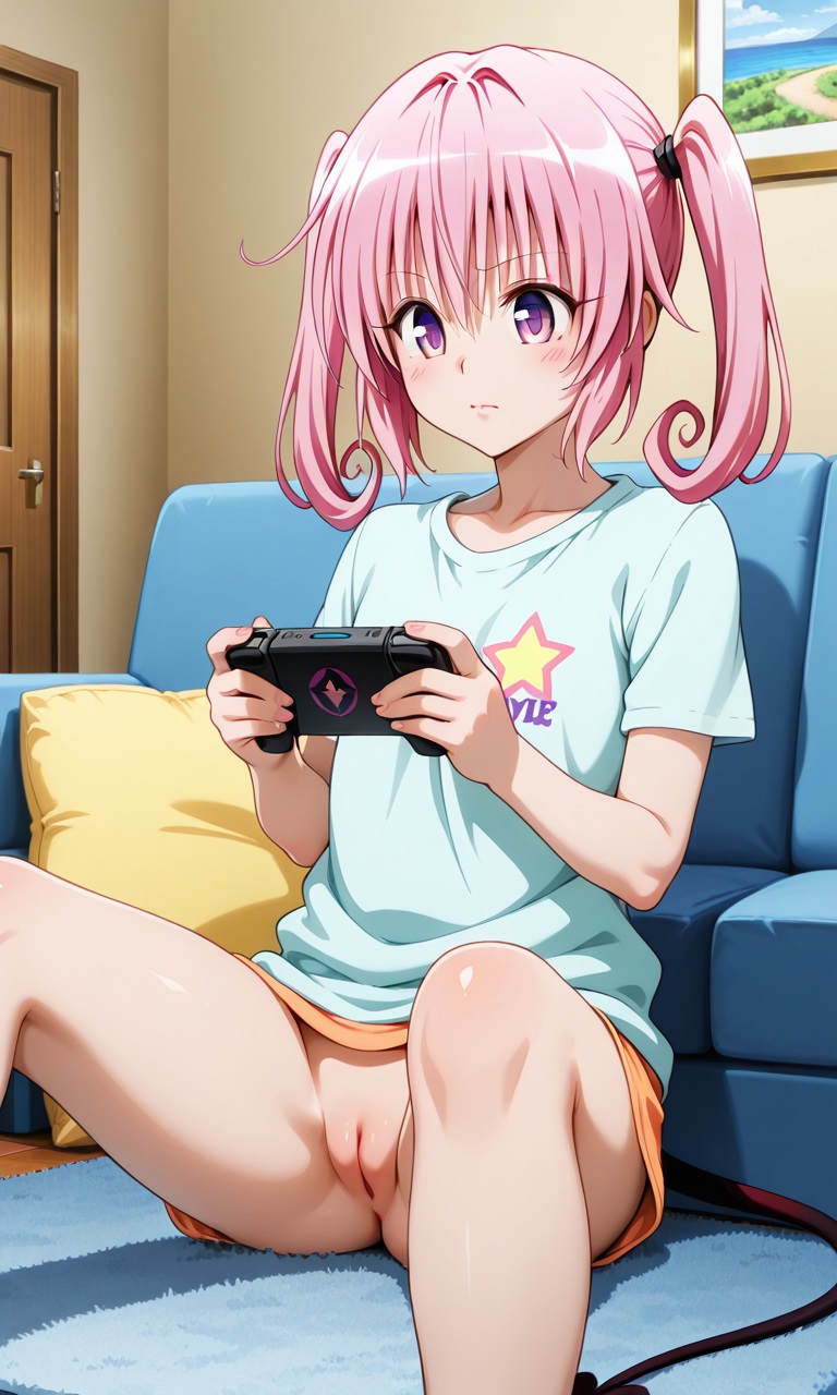 ai generated, koihi, nana asta deviluke, no panties, pink hair, playing videogame, pussy, to love-ru, tomboyish, twintails, uncensored, violet eyes