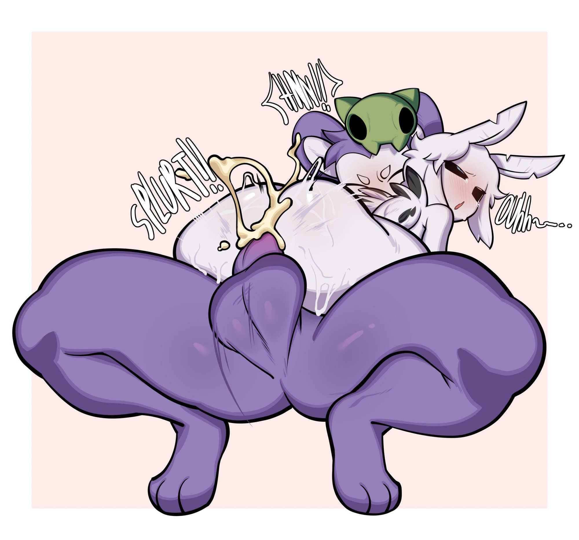 anal, anal sex, anthro, arthropod, balls, big balls, cum, cum inside, english text, femboy, haplorhine, humanoid genitalia, humanoid penis, insects, lepidopteran, male/male, mammal, moki (mokimonky), monkey, moth, motion lines, nacho (nachokokoni), nsfw bbo, onomatopoeia, penis, primate, purple body, tears, white body