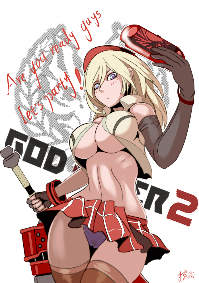 arisa_iriinchina_amieera blonde_hair blue_eyes breasts cavalry female god_eater psp solo text