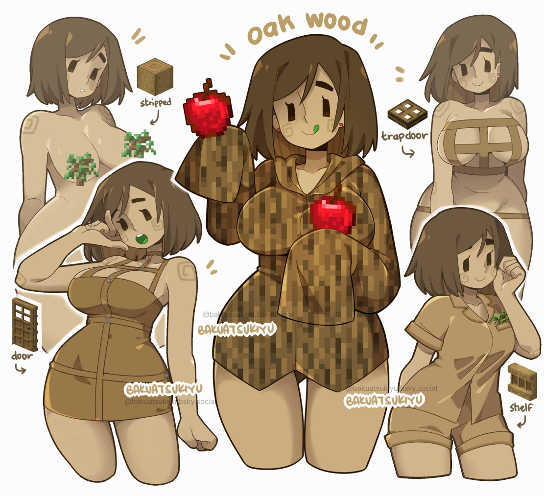 bakuatsukiyu, big breasts, brown hair, brown skin, female, female only, minecraft, minecraft block, oak, short hair, text