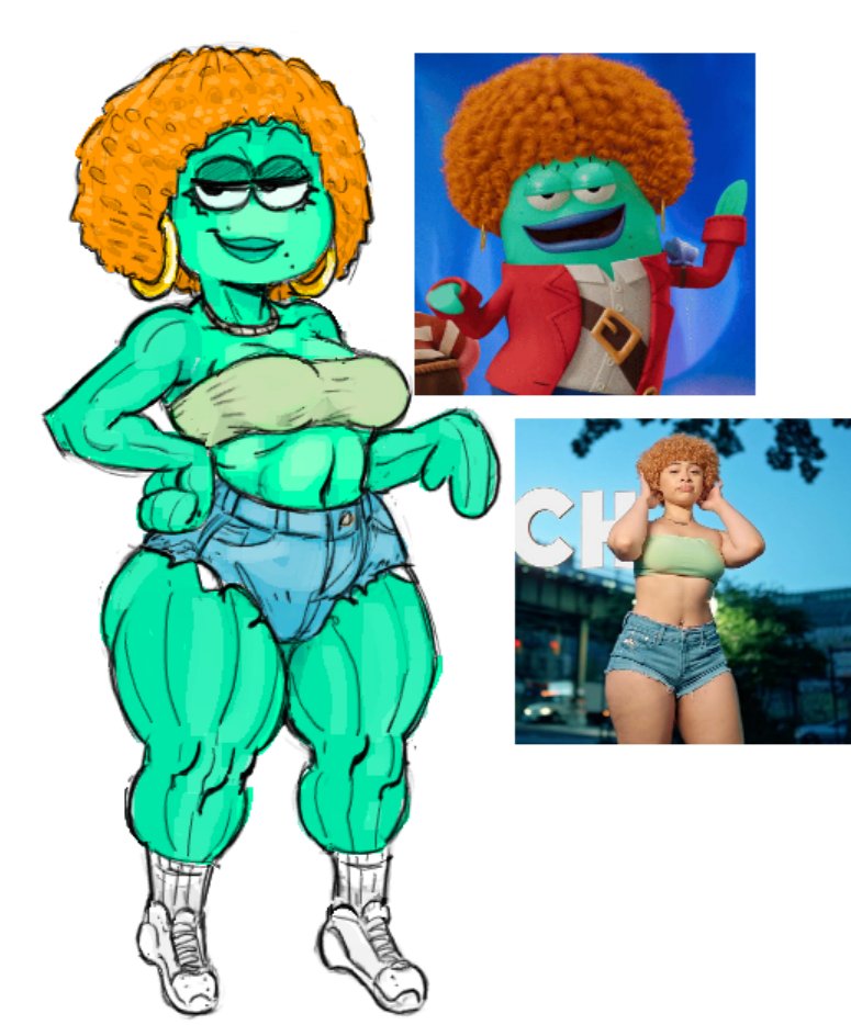 1girls, big ass, big breasts, ear ring, female, female focus, female only, fish, ghastlybum, half-closed eyes, hand on hip, humanoid, ice spice, muscular female, muscular legs, nickelodeon, real person, smirk, smirking, solo, spongebob squarepants, thick thighs