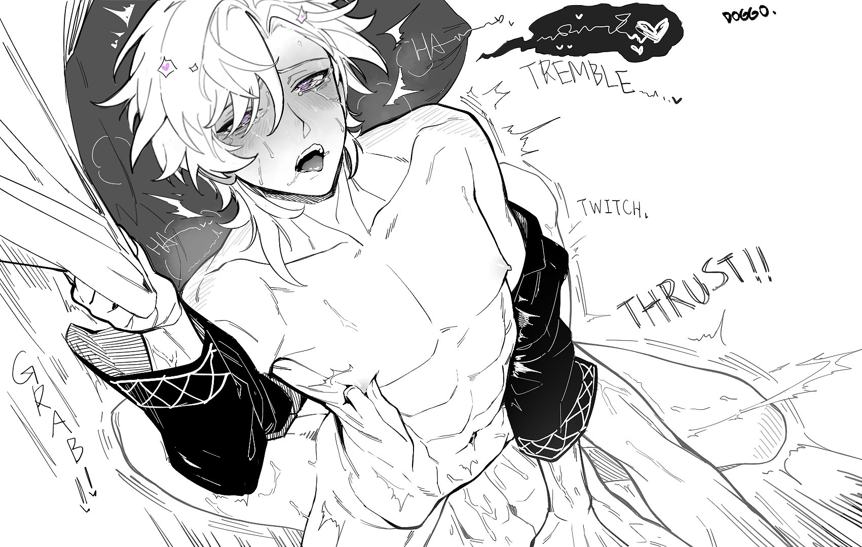 ahe gao, aventurine (honkai: star rail), dr. ratio (honkai: star rail), english text, gay, half-dressed, honkai (series), honkai: star rail, male focus, male only, male/male, moaning in pleasure, monochrome, on bed, yaoi