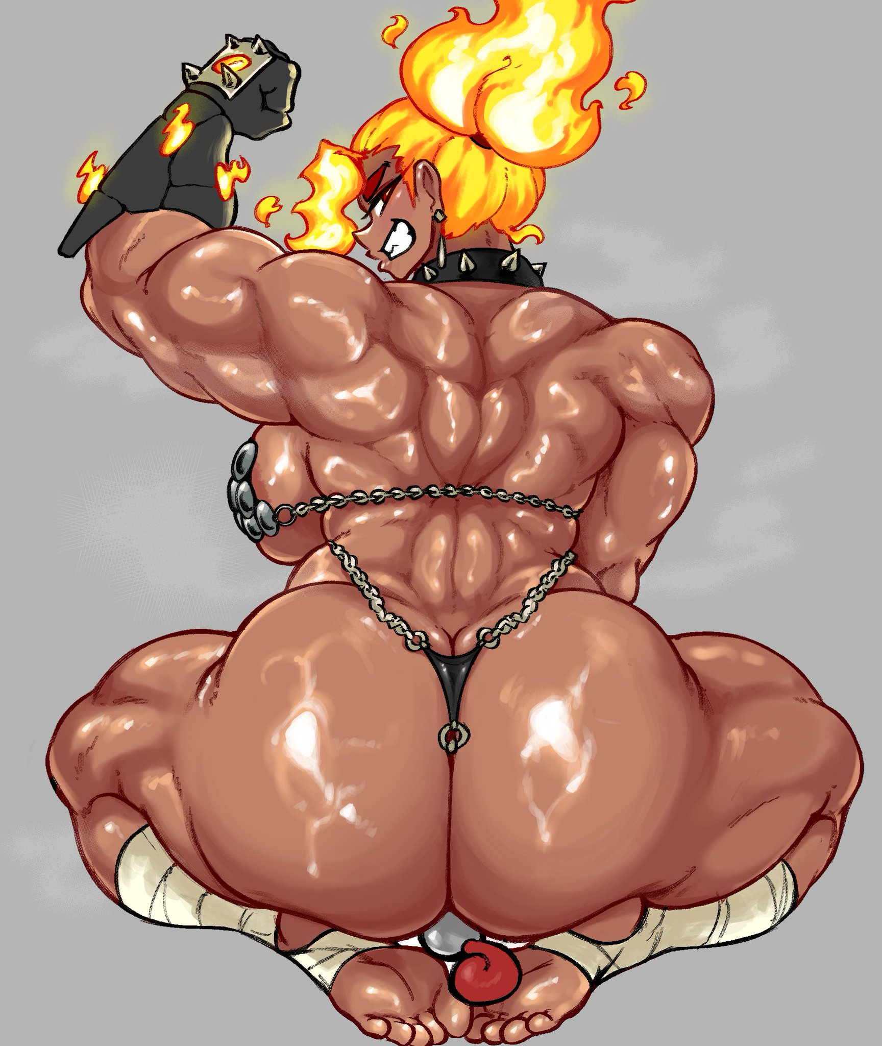 areola, ass, big areola, big breasts, big butt, breasts, breedable hips, chains, collar, duo, elemental creature, elemental humanoid, eljarochofeliz, facesitting, female, fire, fire creature, fire hair, fire humanoid, flame hair, flexing, glove, hi res, huge breasts, humanoid, licking, licking feet, looking at partner, looking down, male, male/female, mesmerizing ass, metal bikini, muscular, muscular female, puppet (eljarochofeliz), sitting, sitting on person, spiked collar, thick thighs, titania (eljarochofeliz), tongue out