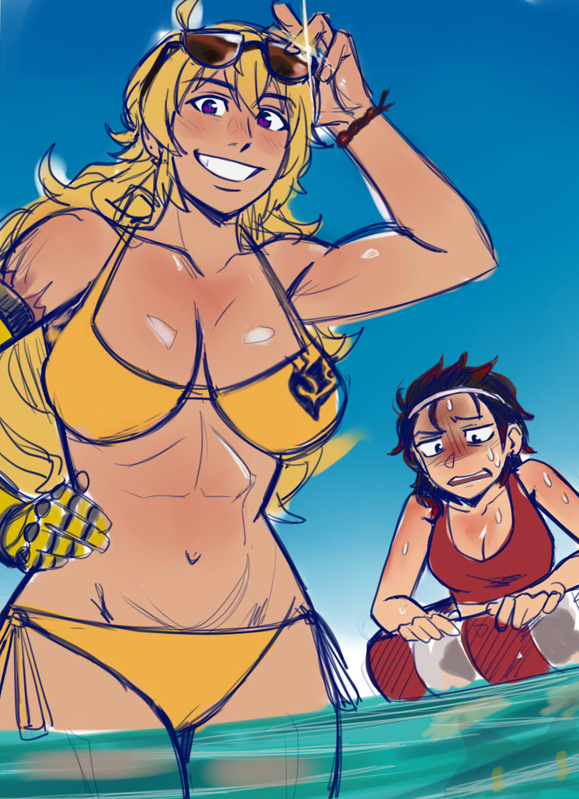 2girls, bikini, bikini bottom, bikini top, blonde female, blonde hair, boletinnie (artist), cleavage, female, female only, long hair, long hair female, one-piece swimsuit, purple eyes, robotic arm, ruby rose, rwby, silver eyes, yang xiao long