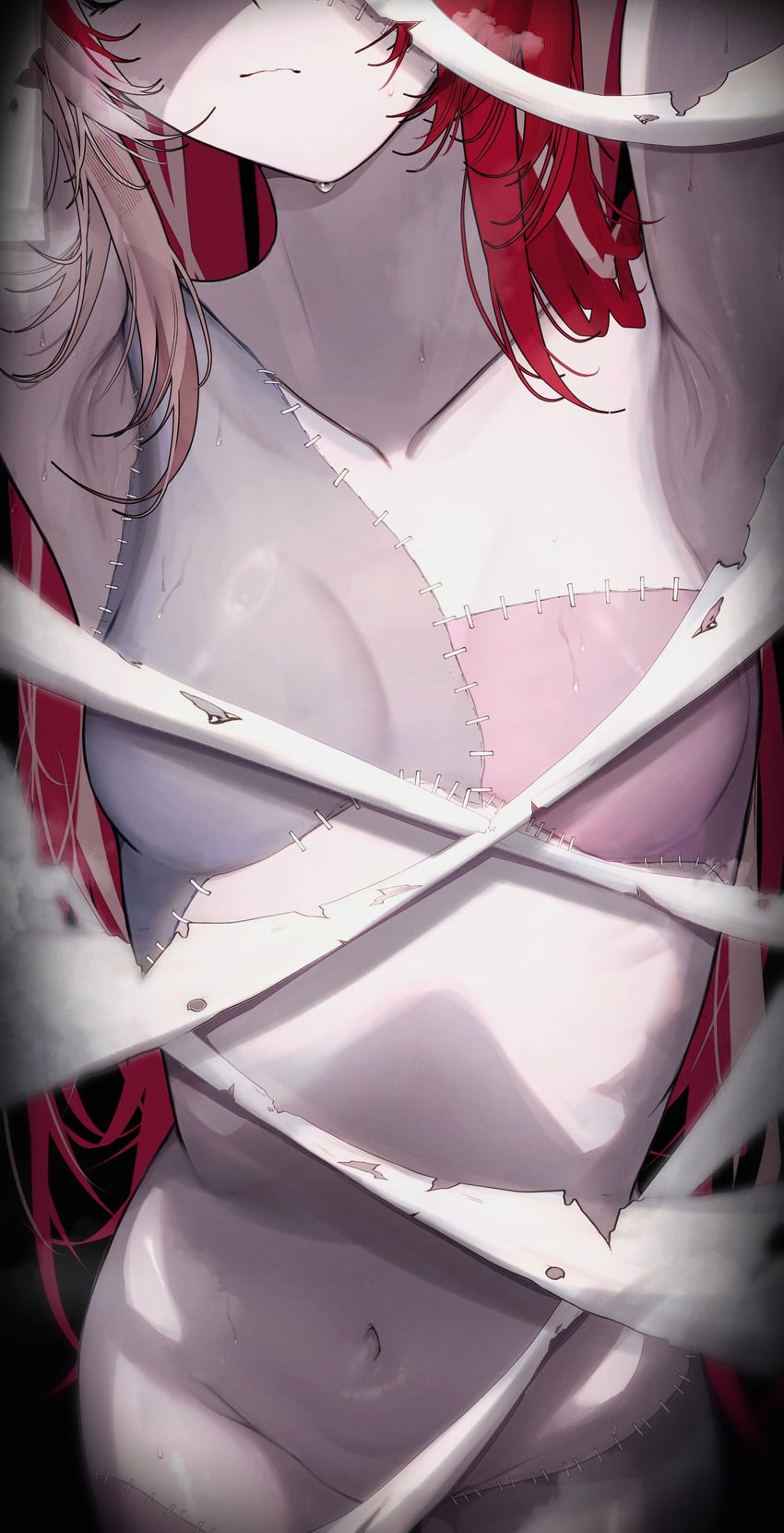 1girls, bandage, belly button, blush, breasts, covered nipples, covered pussy, female, female only, getto (ifphilo), hololive, hololive indonesia, hololive indonesia holoro, kureiji ollie, nipple covers, nude, patchwork skin, red hair, small breasts, solo, stiches, sweat, virtual youtuber, zombie girl