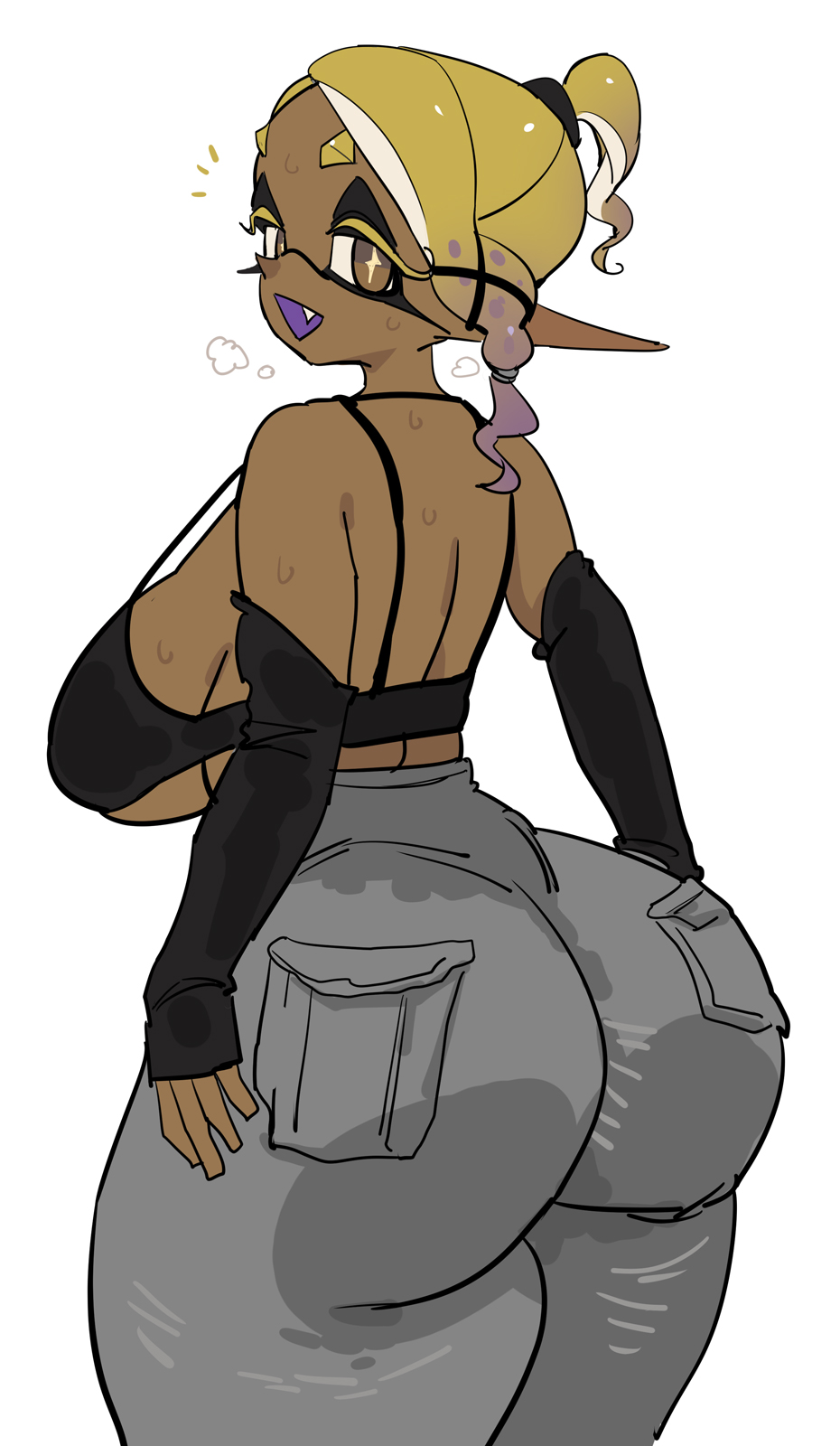 1girls, ass, big ass, big breasts, breasts, casual, casual clothes, dark skin, dark-skinned female, female, frye (splatoon), huge ass, huge breasts, inkling, large ass, looking at viewer, looking back, nintendo, short hair, splatoon, splatoon (series), splatoon 3, tentacle hair, thick thighs, wide hips, yellow hair, yuta agc