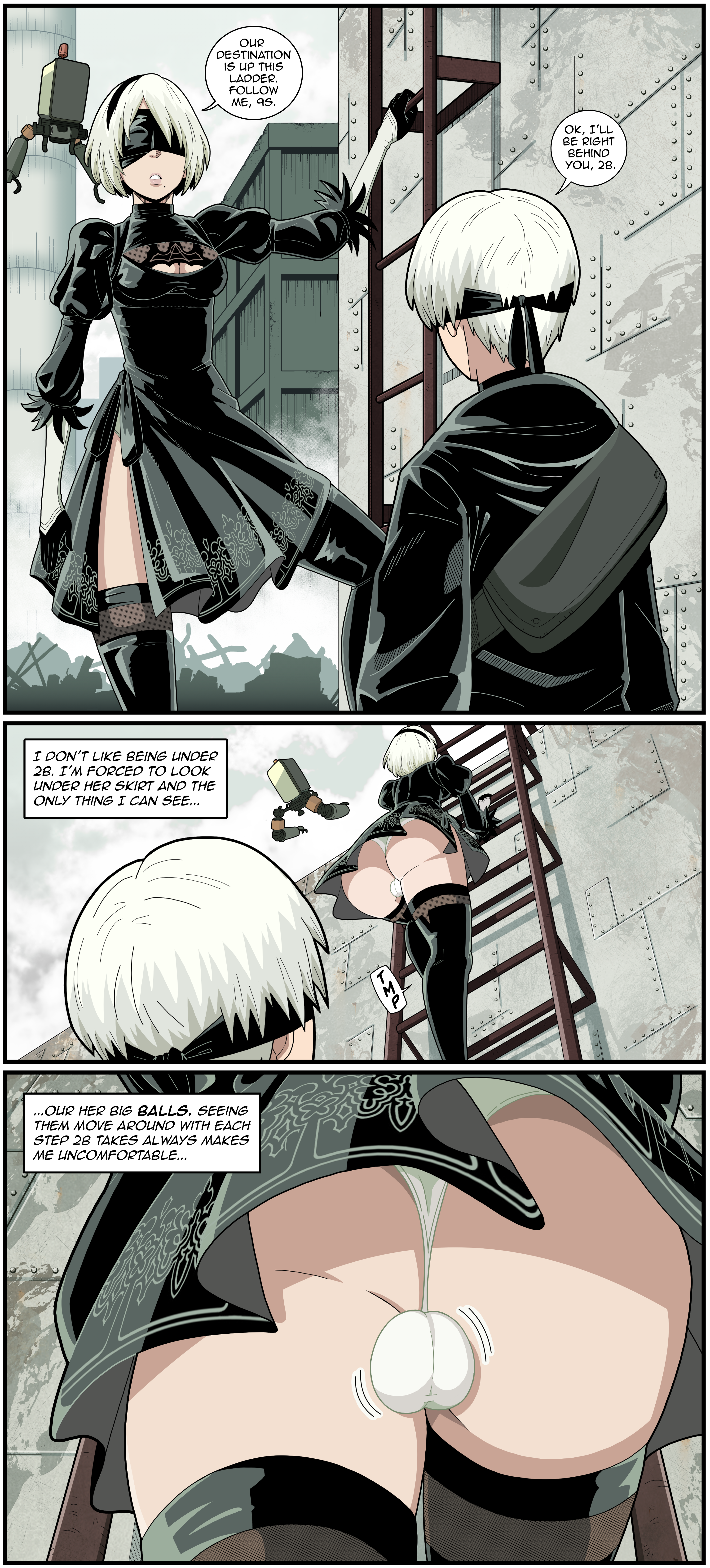1boy, 1futa, ass, balls, big ass, blindfold, breasts, climbing, climbing ladder, clothing, female, futanari, hairband, ladder, light skin, light-skinned futa, light-skinned male, male, medium breasts, monkeeman0918, nier, nier: automata, short hair, skirt, testicles, thighhighs, upskirt, white hair, yorha 2b, yorha 9s