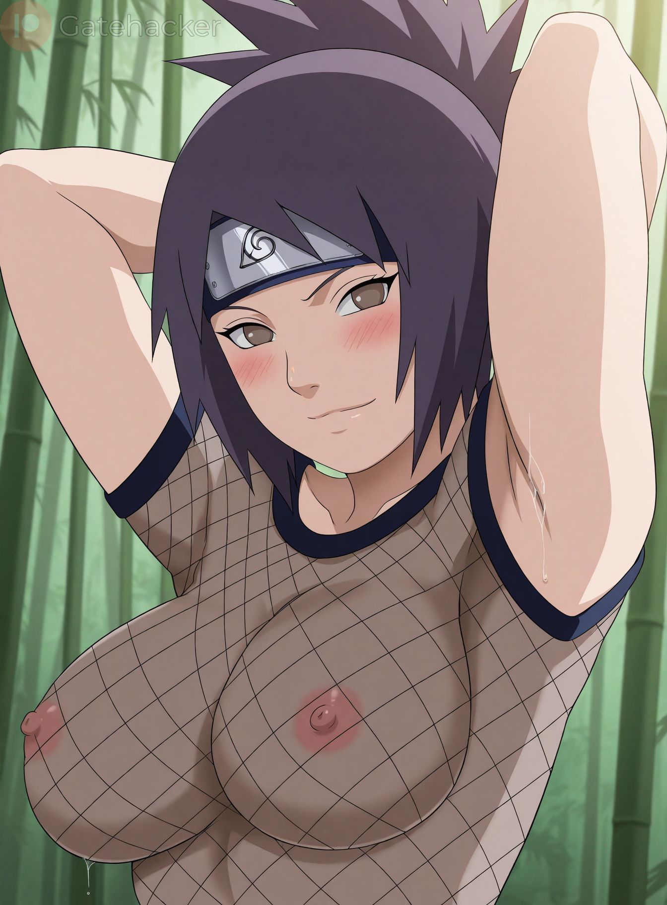 1girls, ai generated, arms behind head, arms up, bare shoulders, barely clothed, bodysuit, breasts, breasts out, bust, cleavage, clenched fist, clenched hand, female, female only, fishnet bodysuit, fishnet leotard, forehead protector, functionally nude, gatehacker, headband, high resolution, inviting, inviting to sex, konohagakure symbol, kunoichi, leotard, lifted by self, light skin, light-skinned female, mature, mature female, mesh, mesh shirt, mitarashi anko, naruto, naruto (series), naruto shippuden, necklace, neckwear, ninja, nipples, no bra, no panties, off shoulder, offering, offering to viewer, open clothes, oppai, pendant, pink nipples, pinup, ponytail, presenting, presenting breasts, revealing clothes, sagging breasts, see-through, see-through clothing, sexually suggestive, skimpy, skimpy clothes, sleeveless, solo, solo focus, tied hair, uncensored, undressing, visible nipples, voluptuous