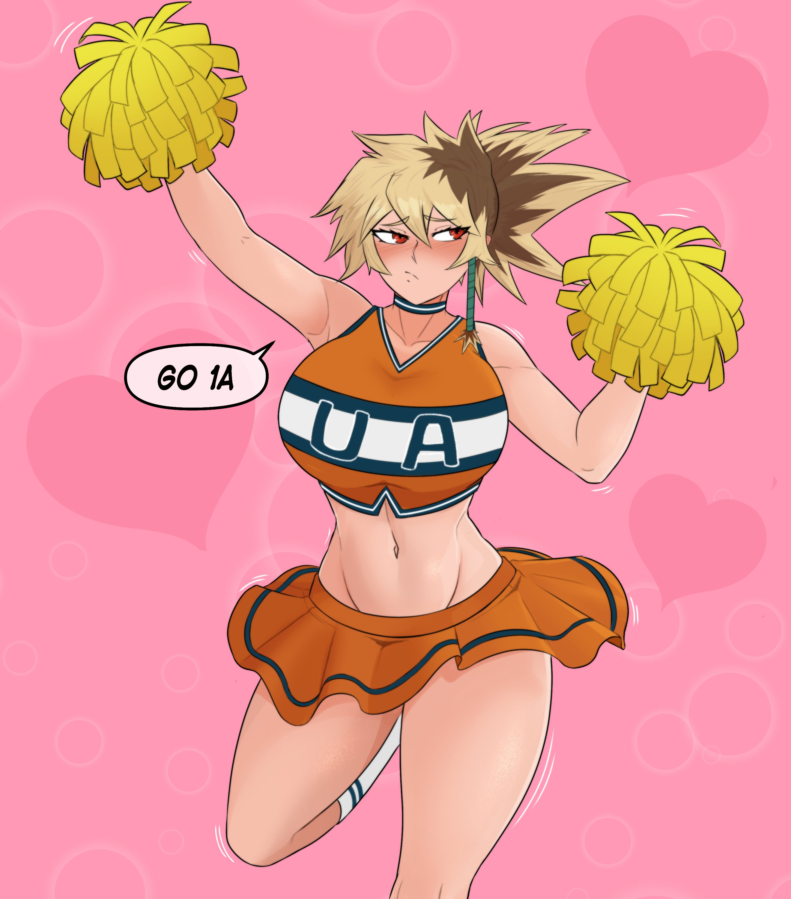 1girls, 2d, 2d (artwork), 2d artwork, bakugou katsuki, belly, belly button, big breasts, blonde female, blonde hair, blonde hair female, blonde-haired female, blush, blush lines, blushing female, boku no hero academia, bomb fuse, breasts, cheerleader, cheerleader outfit, cheerleader uniform, choker, clothed, clothed female, collar, embarrassed, embarrassed female, english, english text, escriba, exposed belly, exposed belly button, exposed midriff, exposed thighs, female, female bakugou, female only, fit, fit female, genderbent, genderswap (mtf), human, human female, human only, katsuki bakugou, light skin, light-skinned female, looking away, male to female, messy hair, midriff, my hero academia, orange clothing, pom pom (cheerleading), pom pom (clothes), pom poms, pompoms, pout, pouting lips, pouty lips, red eyes, red iris, red irises, rule 63, rule63, short skirt, simple background, skirt, sole female, solo, solo female, solo focus, spiky hair, tank top, text, text bubble, thick thighs, thighs, thin waist, tomboy, tummy, two-tone hair, wide hips