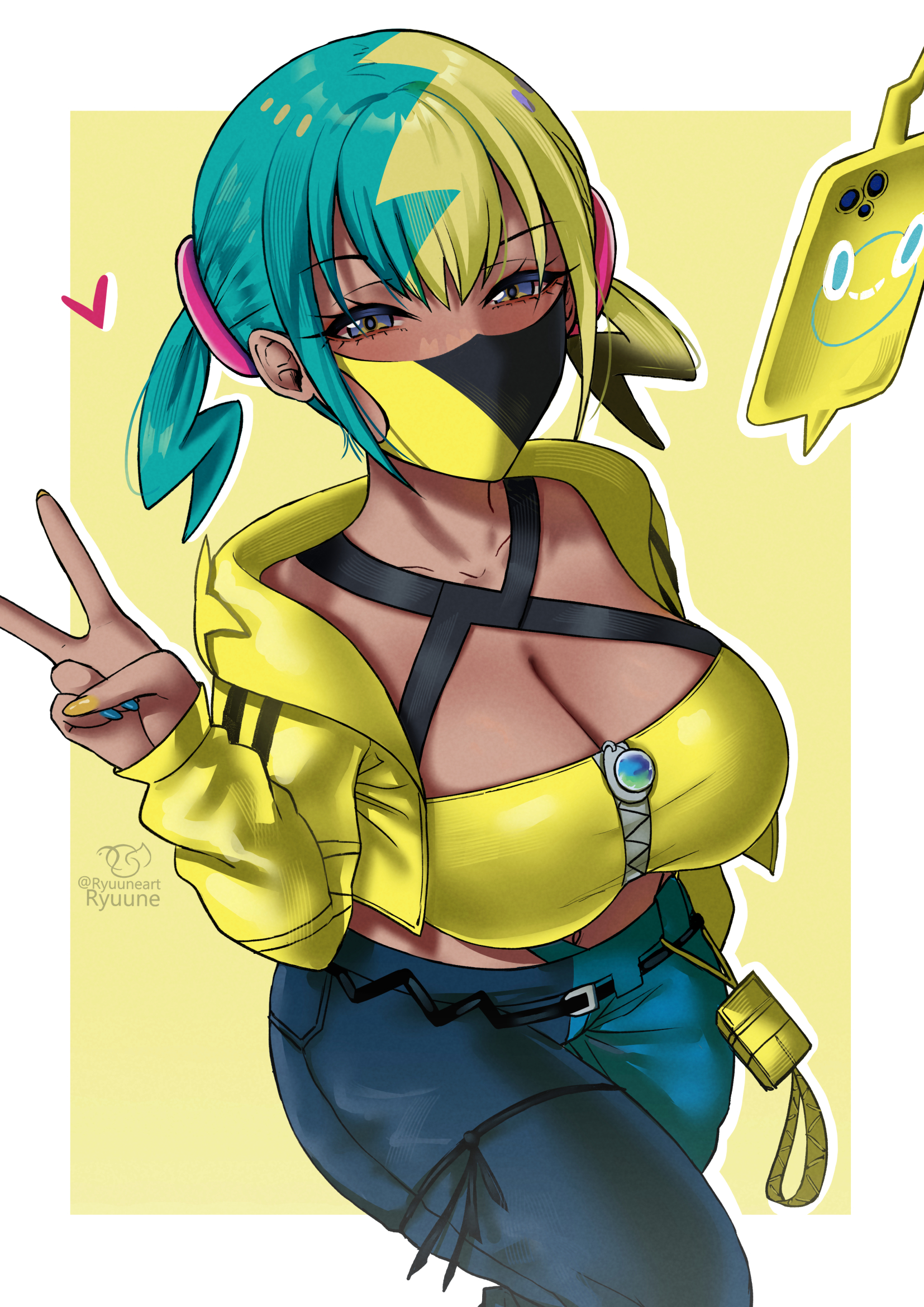 1girls, aqua hair, bandeau, big breasts, black mask, black pants, blonde hair, blue nails, blue pants, blush, breasts, canari (pokemon), canary (pokemon), cleavage, collarbone, criss-cross halter, crop top, female, female only, gen 4 pokemon, halterneck, heart, highres, jacket, large breasts, looking at viewer, mask, midriff, mouth mask, multicolored clothing, multicolored hair, multicolored pants, nail polish, navel, nintendo, open clothes, open jacket, pants, pokemon, pokemon (creature), pokemon legends: z-a, rotom, rotom phone, ryuuneart, split-color hair, stomach, twintails, two-tone clothing, two-tone hair, two-tone mask, two-tone pants, v, yellow bandeau, yellow jacket, yellow mask, yellow nails
