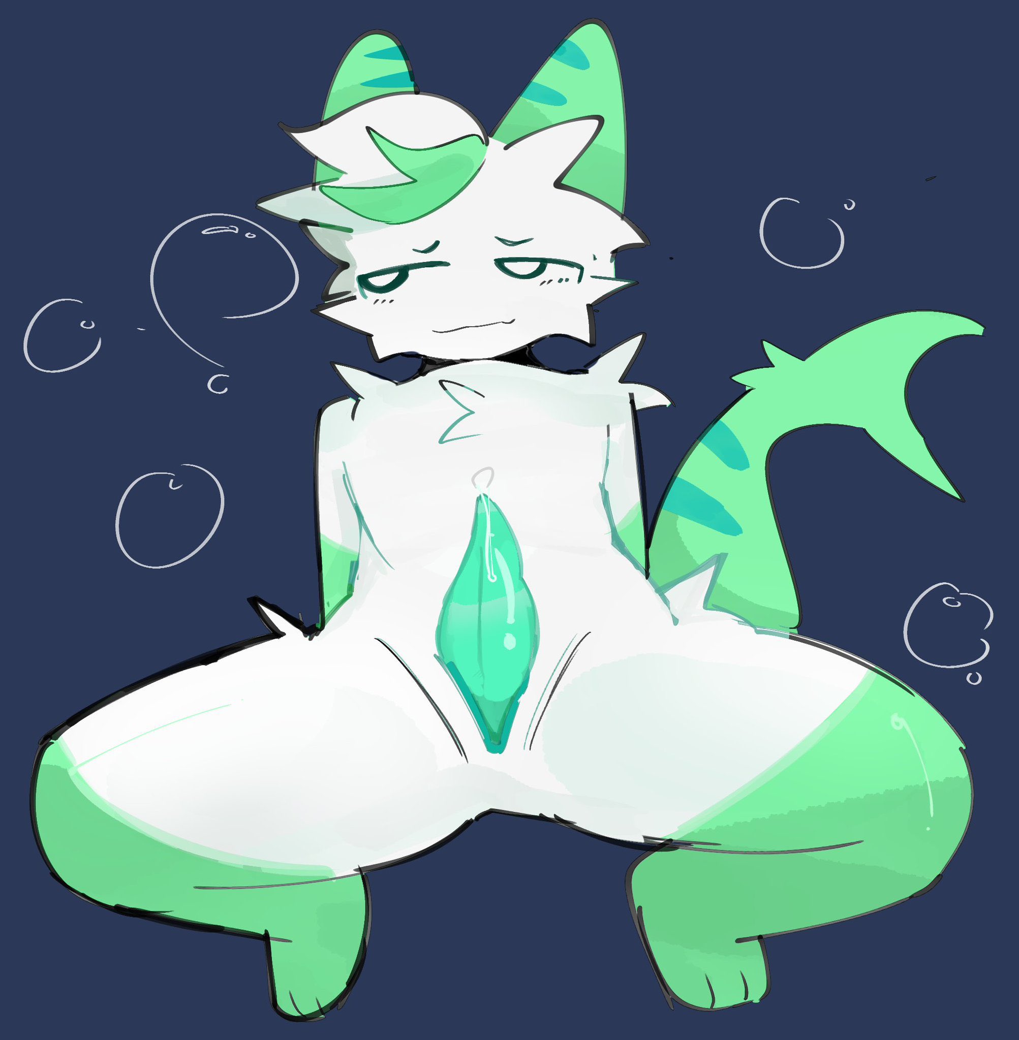 1boy, 2025, anthro, arms behind back, artifish (artifyber), artifyber, bodily fluids, cremeshy (artist), fish, fish tail, green body, penis, precum, presenting, simple background, solo male, spread legs, tapering penis, white body