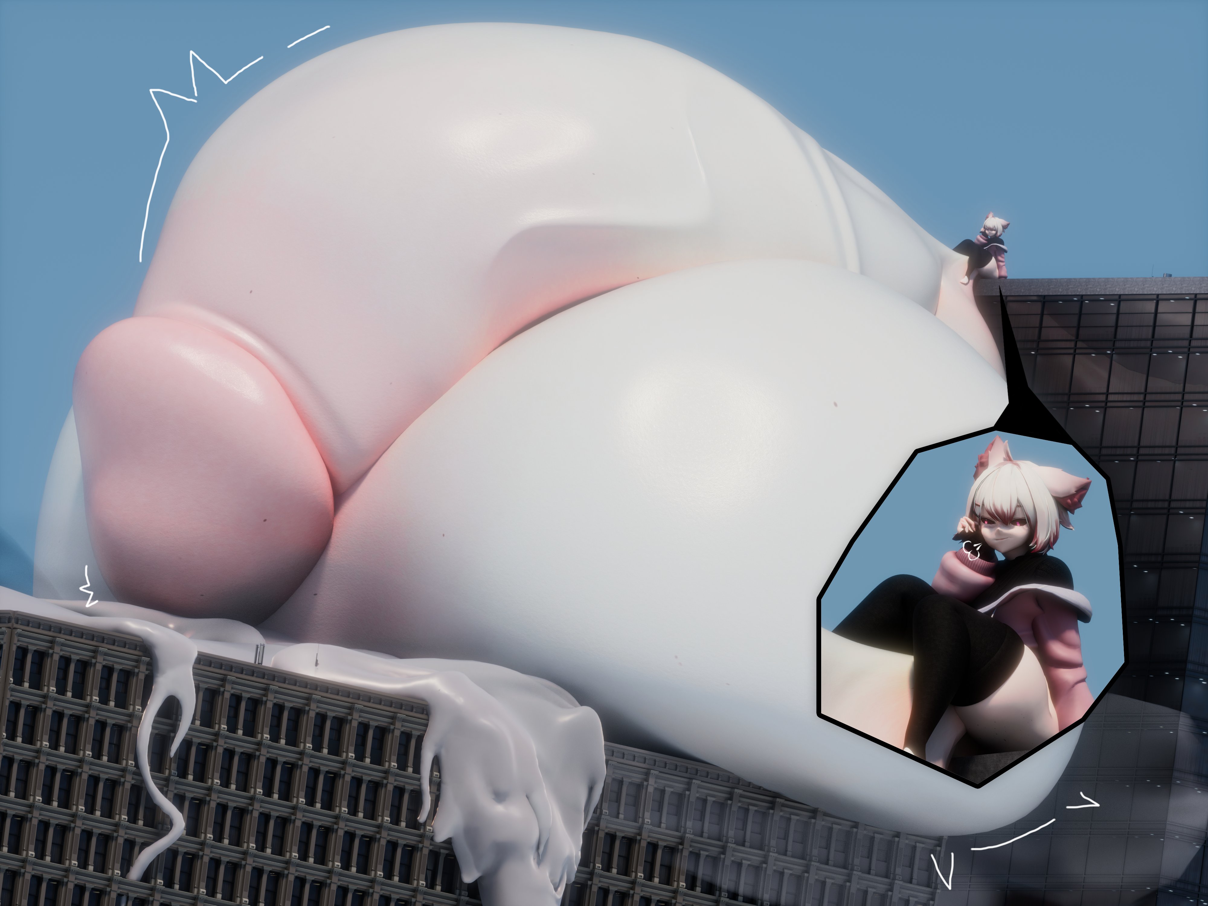1boy, 3d, balls, balls bigger than body, balls bigger than head, cat ears, city, excessive precum, femboy, gigantic balls, gigantic penis, hung trap, hyper, hyper balls, hyper penis, light skin, light-skinned male, male, male only, penis, penis bigger than body, precum, sitting, solo, starry (starrygts), starrygts, testicles, trap, white hair