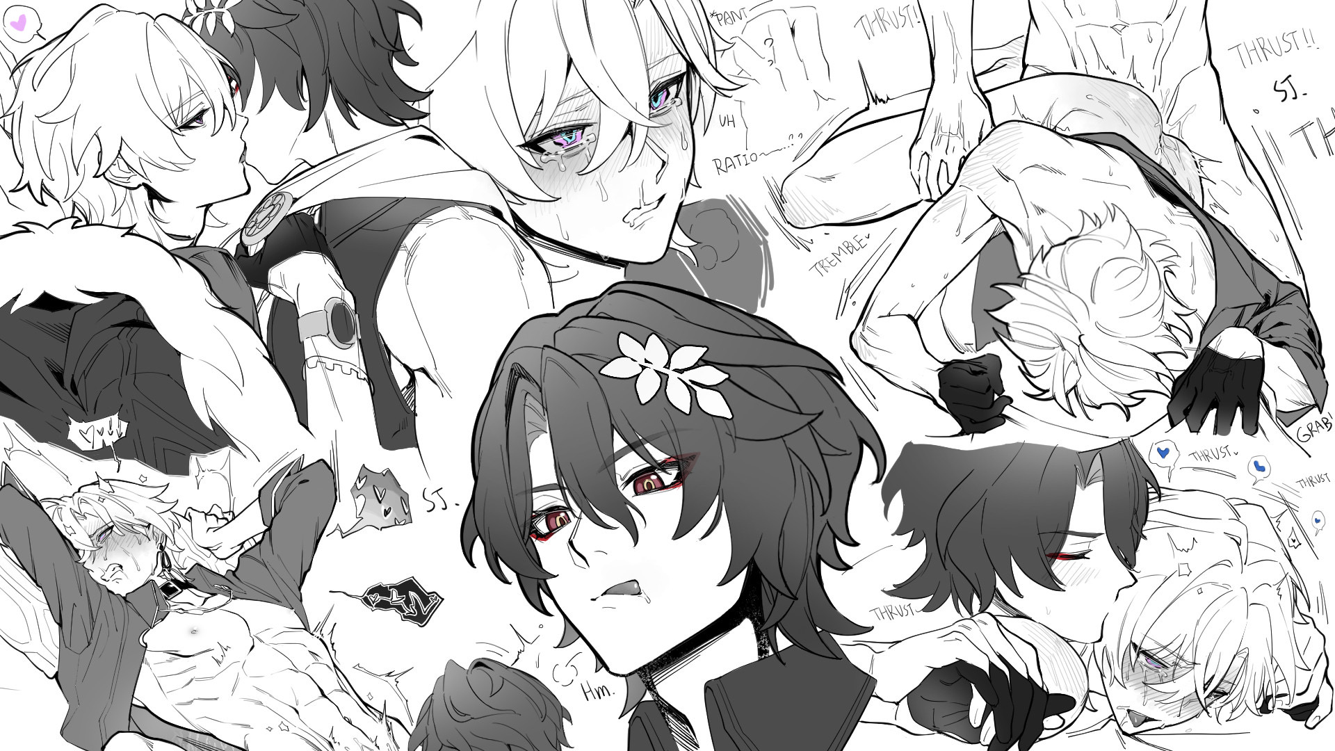 2boys, aventurine (honkai: star rail), dr. ratio (honkai: star rail), english text, fellatio, from behind, gay, half-dressed, honkai (series), honkai: star rail, kissing, male only, male/male, monochrome, yaoi