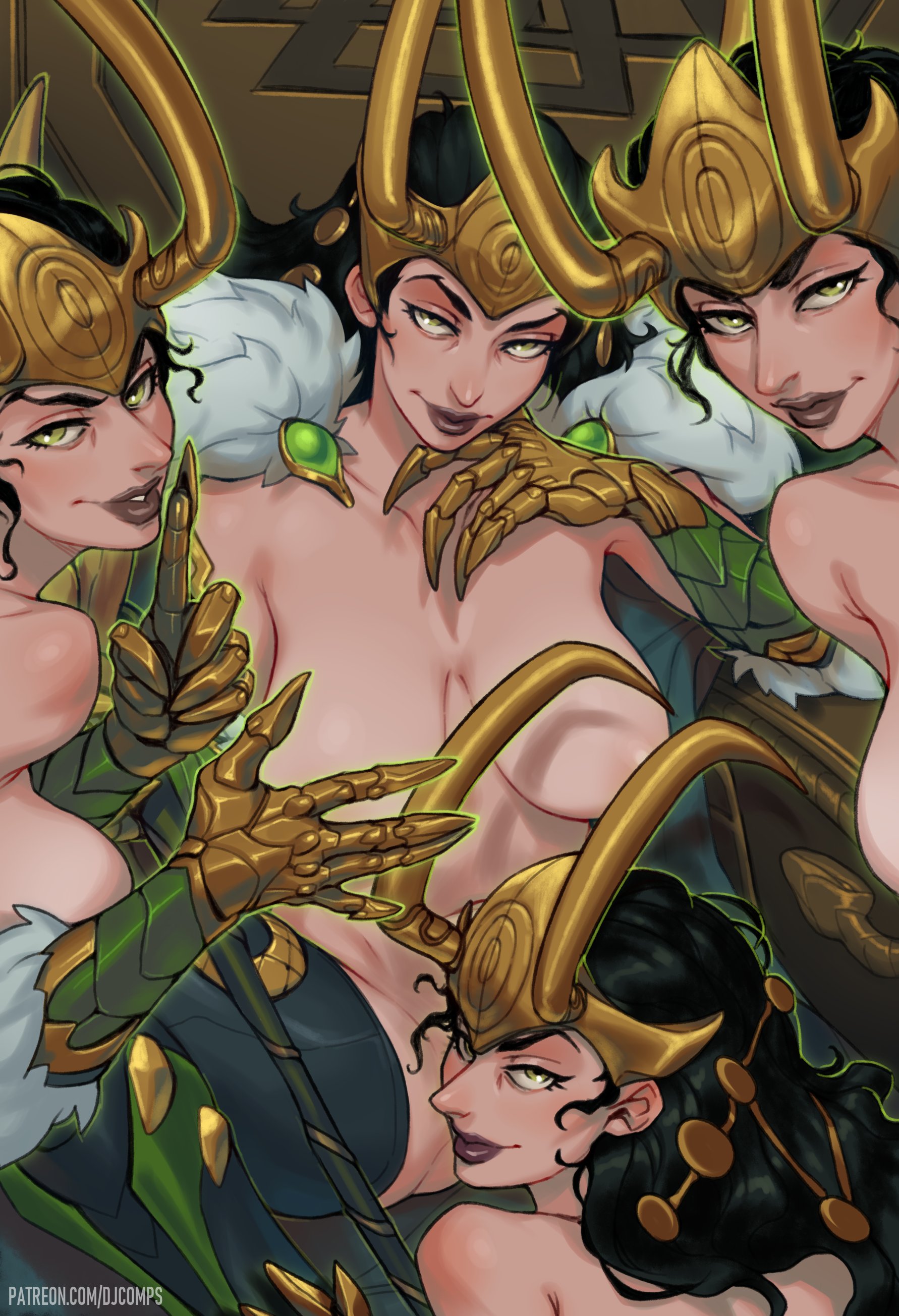 2d, 4girls, big breasts, black hair, female, female only, fizzz, huge breasts, human, lady loki, large breasts, loki (marvel rivals), loki (marvel), looking at viewer, marvel, marvel comics, marvel rivals, revealing clothes, rule 63, smiling, smiling at viewer, thor (series), voluptuous