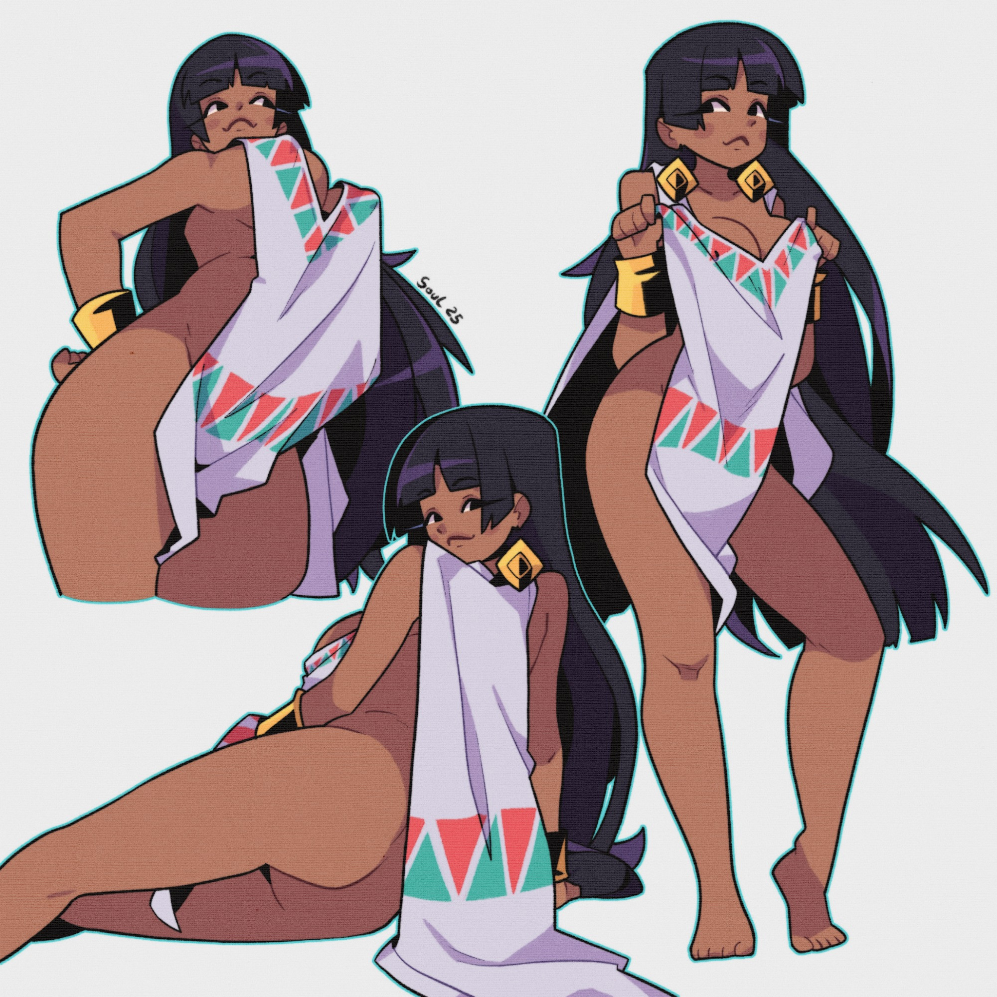 barefoot, black eyes, black hair, chel, chel (the road to el dorado), dark skin, dark-skinned female, earrings, gold, gold jewelry, happy, jewelry, looking at viewer, native american, native american female, no bra, no panties, poncho, smile, soulart, teasing, teasing viewer, the road to el dorado