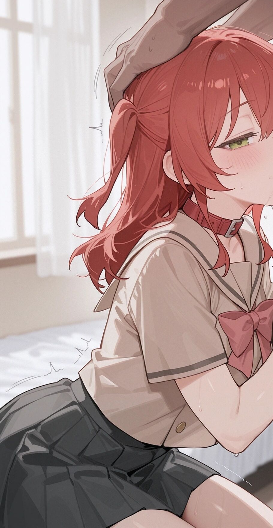 ai generated, blowjob, bocchi the rock!, dmk meow, fellatio, hand on another's head, head grab, implied fellatio, kita ikuyo, red hair, sitting, skirt