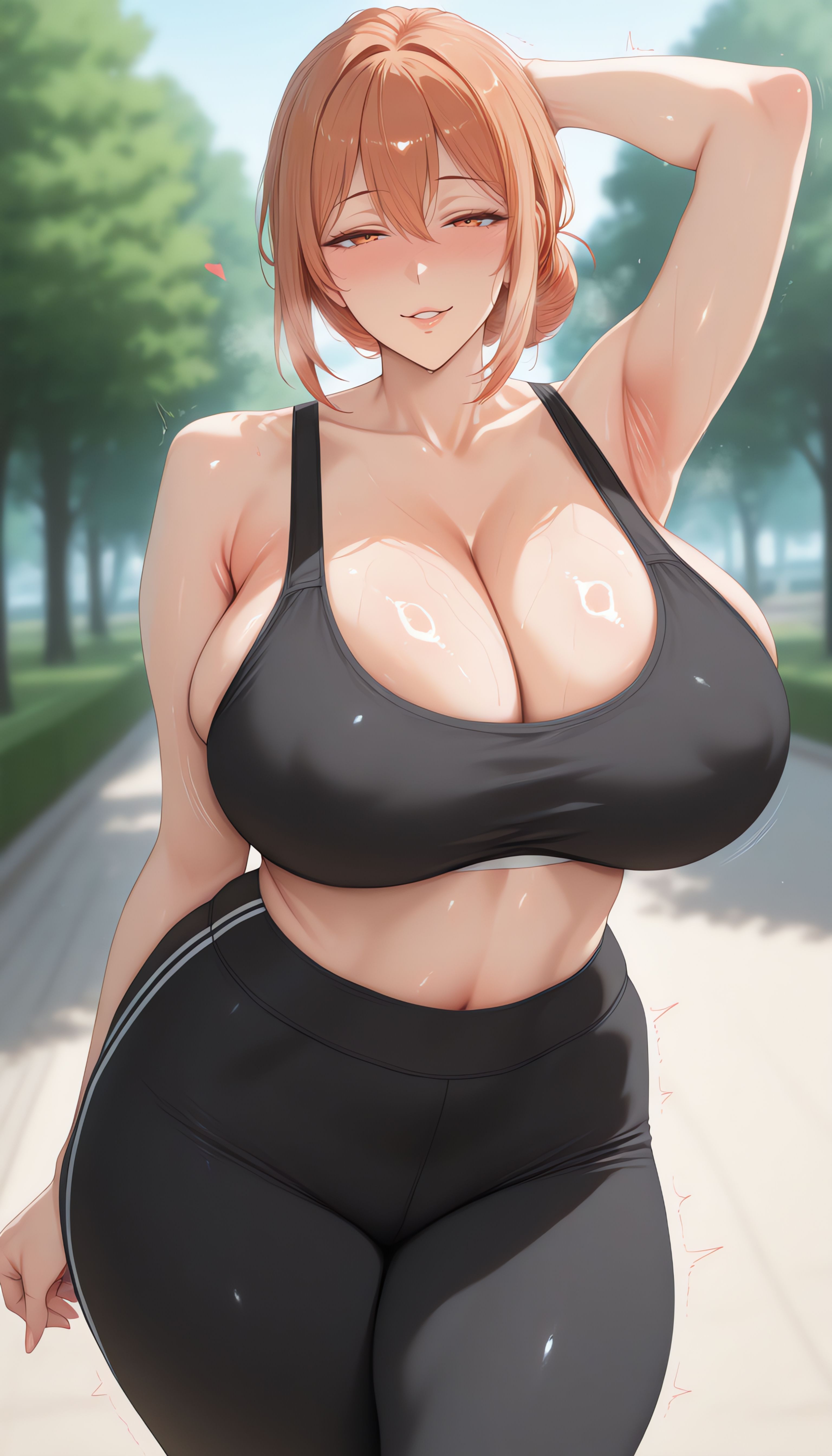 ai generated, arm behind head, arm up, armpits, bare shoulders, black pants, black sports bra, blurry, blurry background, blush, breasts, cleavage, collarbone, covered nipples, cowboy shot, curvy, day, female, hair between eyes, hair bun, high-waist pants, huge breasts, icecrown ai, lips, looking at viewer, mature female, midriff, my teen romantic comedy snafu, navel, orange eyes, orange hair, outdoors, pants, parted lips, single hair bun, sky, smile, solo, sports bra, standing, sweat, thick thighs, thighs, tree, yoga pants, yuigahama yui's mother