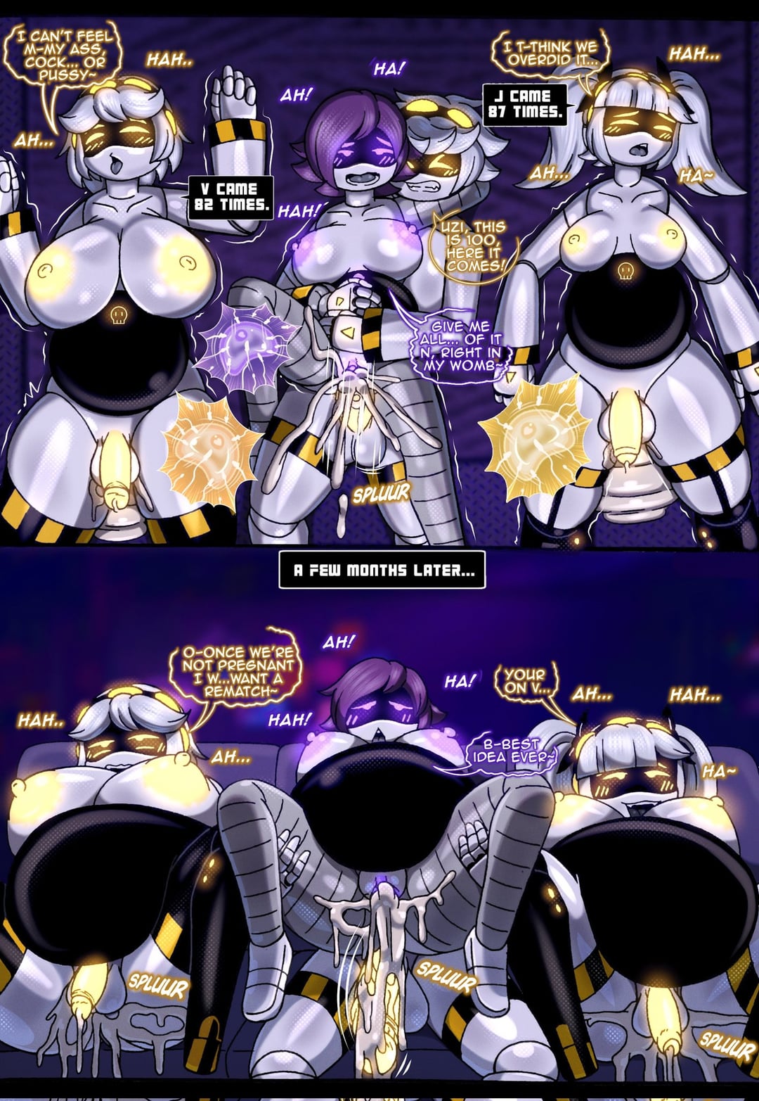 1boy, 1girls, 2futas, after sex, anal sex, breasts, comic, cum, cum in pussy, cumflation, erection, female, full-package futa, futa on futa, futanari, humanoid, impregnation, inflation, j (murder drones), male, male on futa, murder drones, n (murder drones), penis, penis in pussy, pregnant female, pregnant futa, rod akihiro, sex, source request, uzi (murder drones), v (murder drones), vaginal penetration