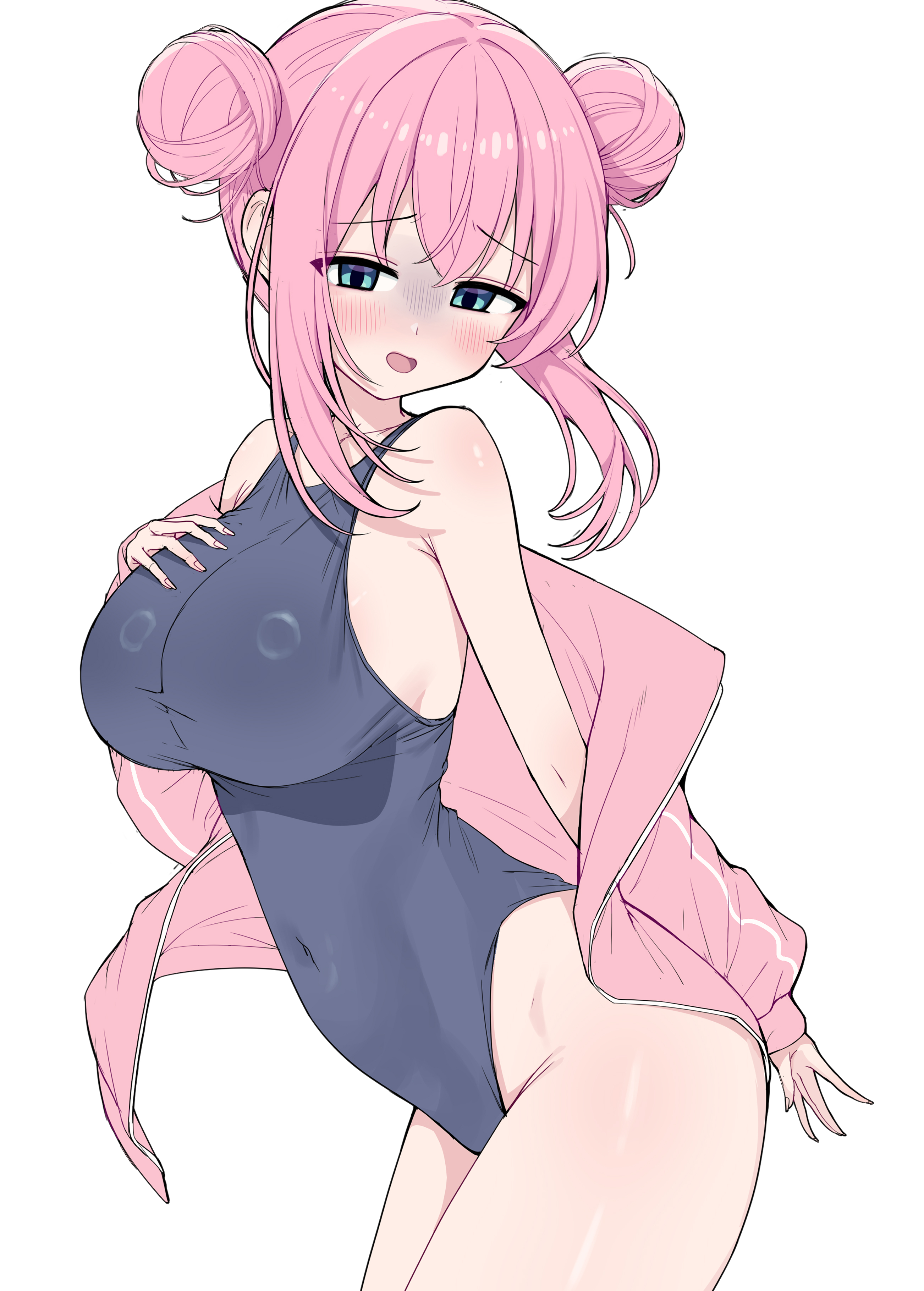 absurdres, blue eyes, blue one-piece swimsuit, blush, bocchi the rock!, breasts, commentary, covered navel, double bun, female, gotoh hitori, gotou hitori, hair bun, highres, jacket, large breasts, looking at viewer, metaljelly, one-piece swimsuit, open clothes, open jacket, open mouth, pink hair, pink jacket, revision, school swimsuit, sidelocks, simple background, swimsuit, thighs, track jacket, white background