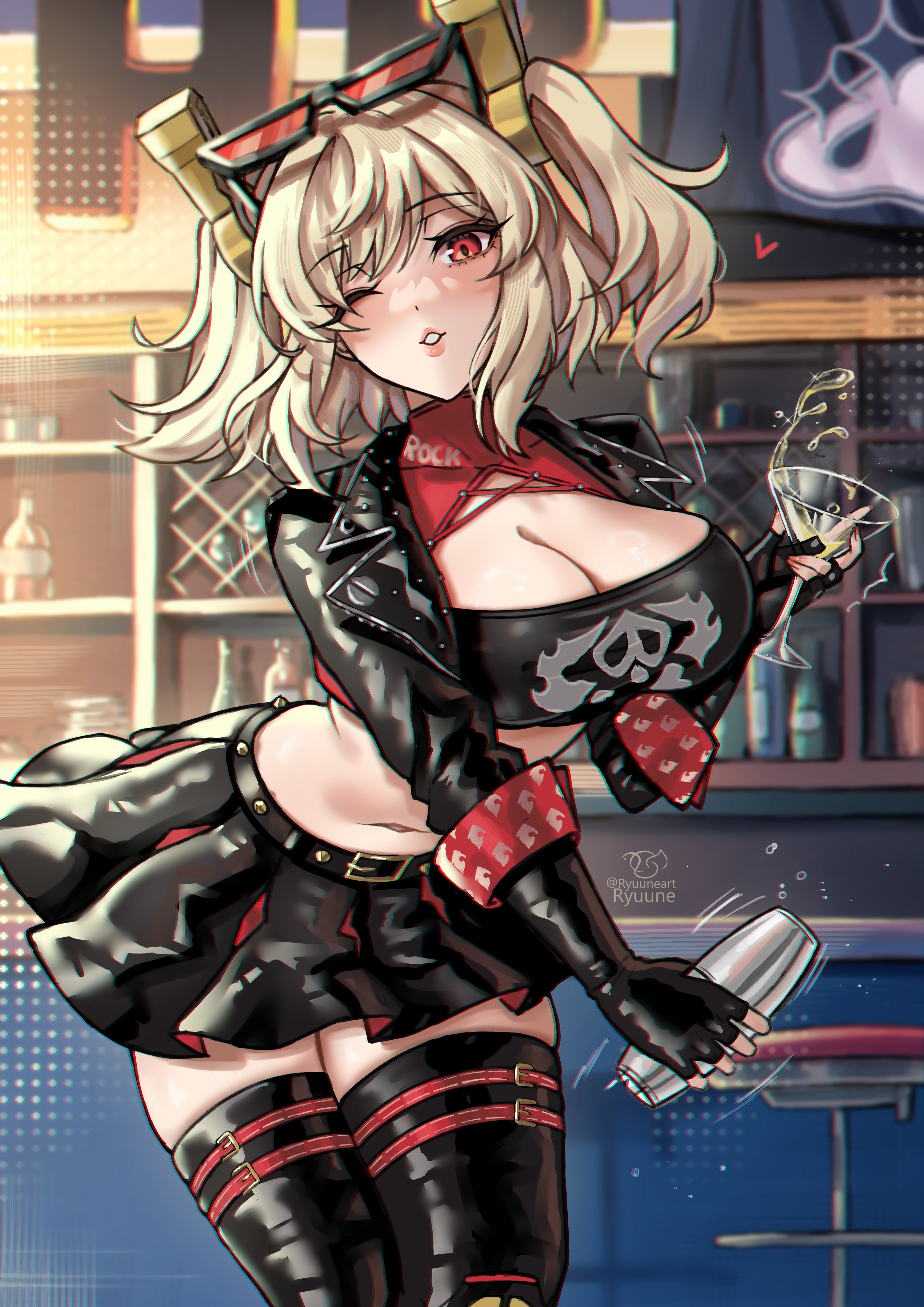 1girls, absurdres, belt, black gloves, black jacket, black skirt, black thighhighs, black tube top, blonde hair, blush, breasts, burnice white, cleavage, commentary, cropped jacket, cup, drinking glass, english commentary, eyewear on head, female, female only, fingerless gloves, gloves, hair ornament, highres, jacket, large breasts, long sleeves, looking at viewer, medium hair, midriff, one eye closed, red eyes, ryuuneart, skirt, solo, strapless, sunglasses, thighhighs, thighs, tube top, twintails, zenless zone zero